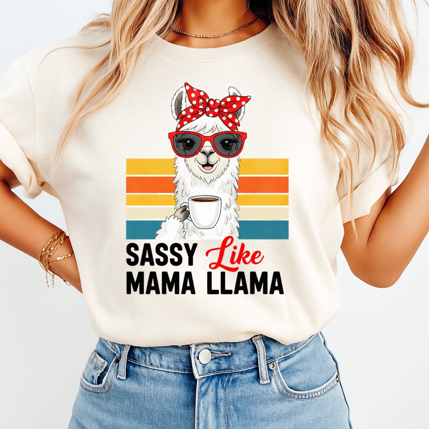 Woman wearing cream shirt with sassy like mama llama graphic ready to press dtf design