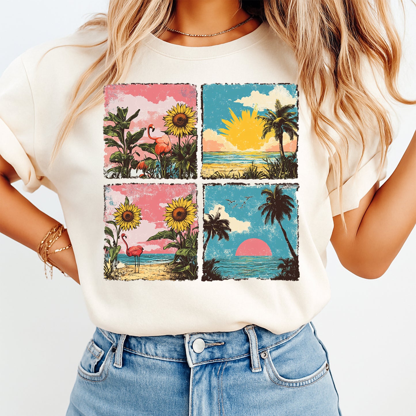 Woman wearing beige shirt with tropical sunset flamingo beach heat transfer graphic design