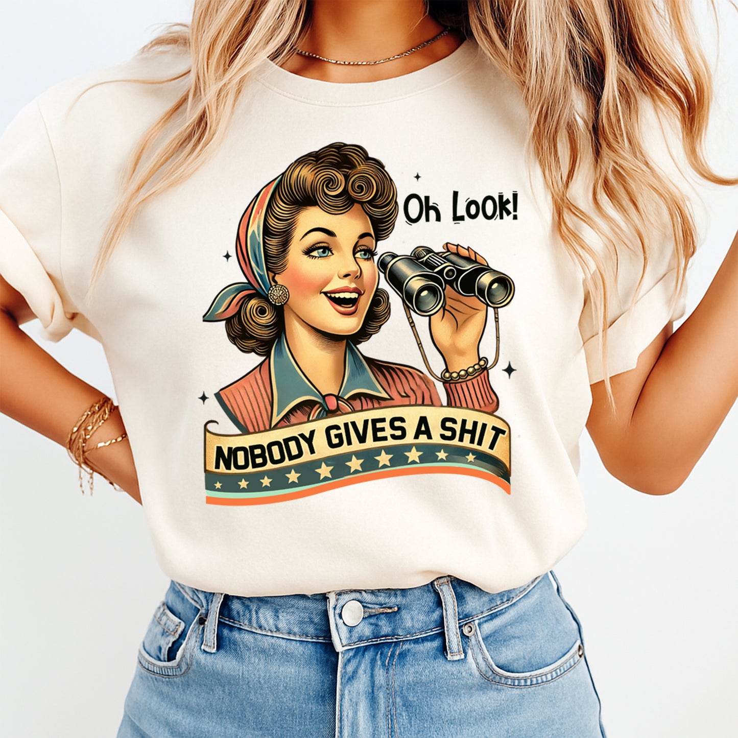 Funny sarcastic quote shirt mockup featuring retro woman with binoculars nobody gives graphic