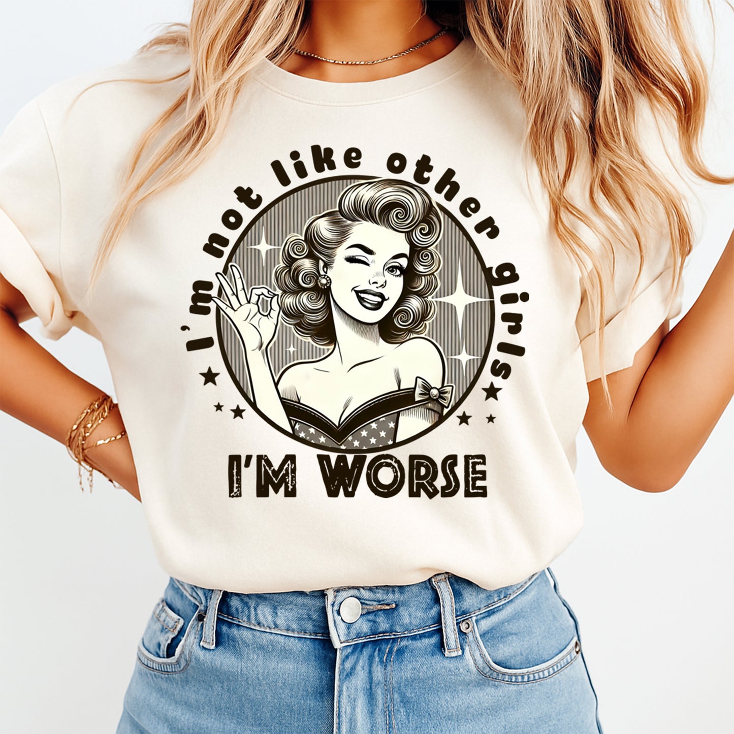 Vintage style sarcastic quote shirt featuring retro woman illustration heat transfer graphic on neutral tee