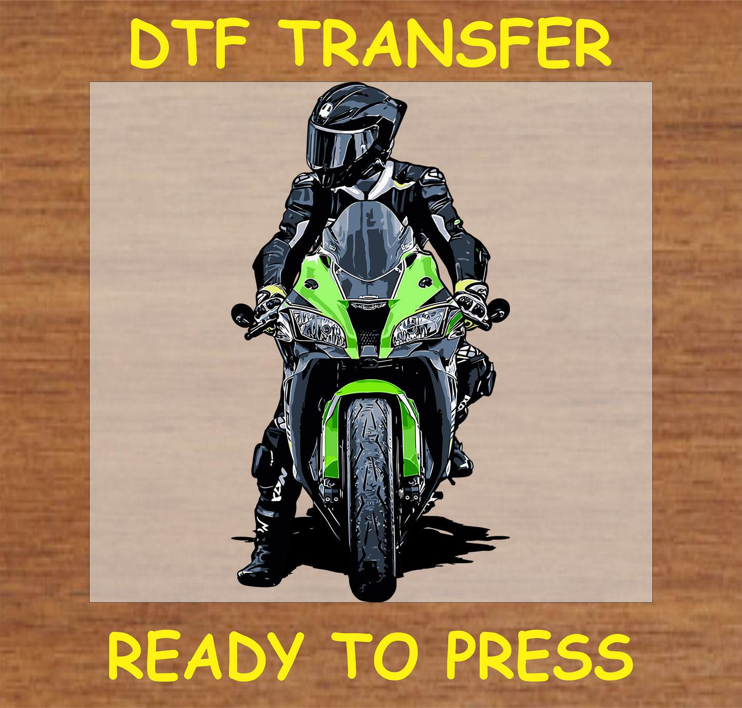 "Front View Biker DTF Transfer with green sport bike and rider in full gear"