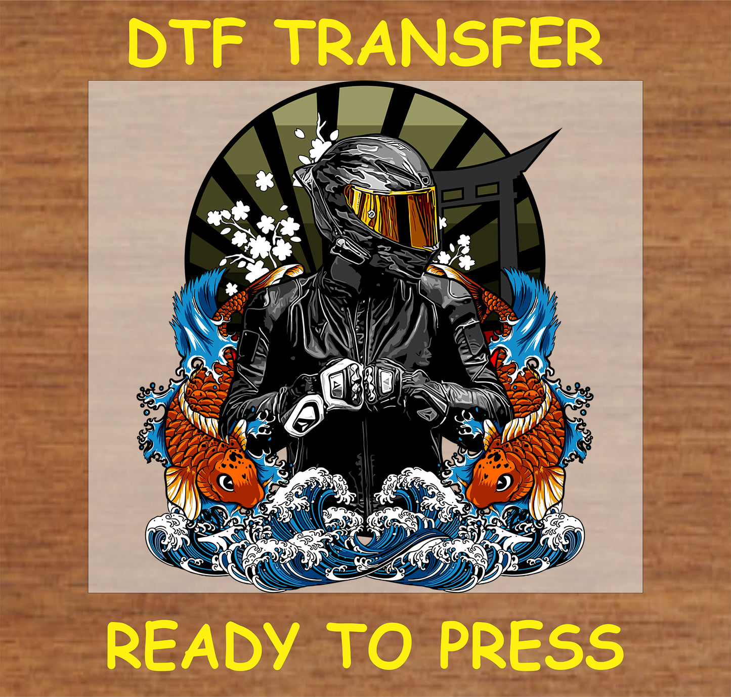 "Koi Biker DTF Transfer featuring a biker with koi fish, waves, and torii gate in a Japanese-inspired design"