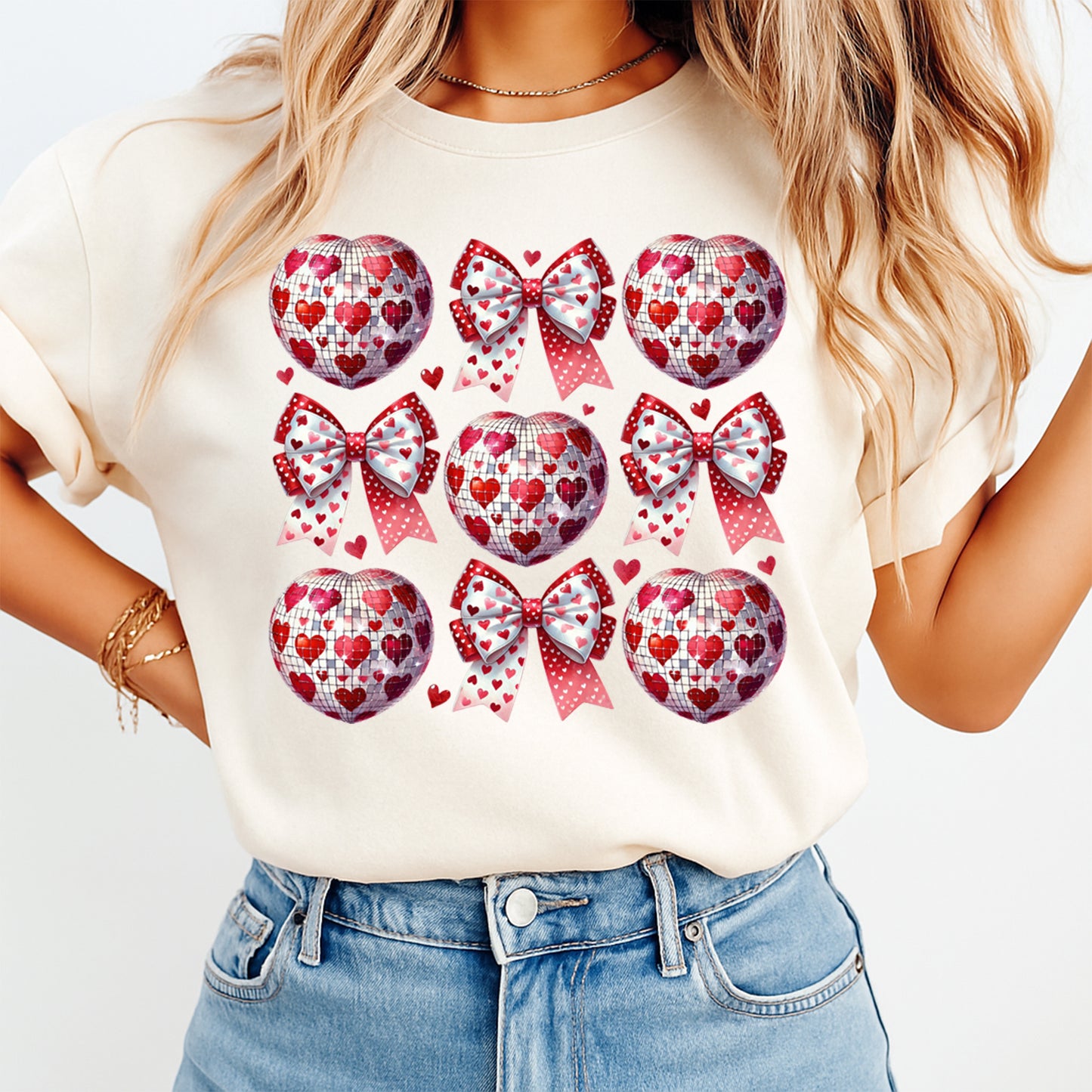 Heart disco ball and red bow Valentine graphic printed on cream shirt with romantic theme