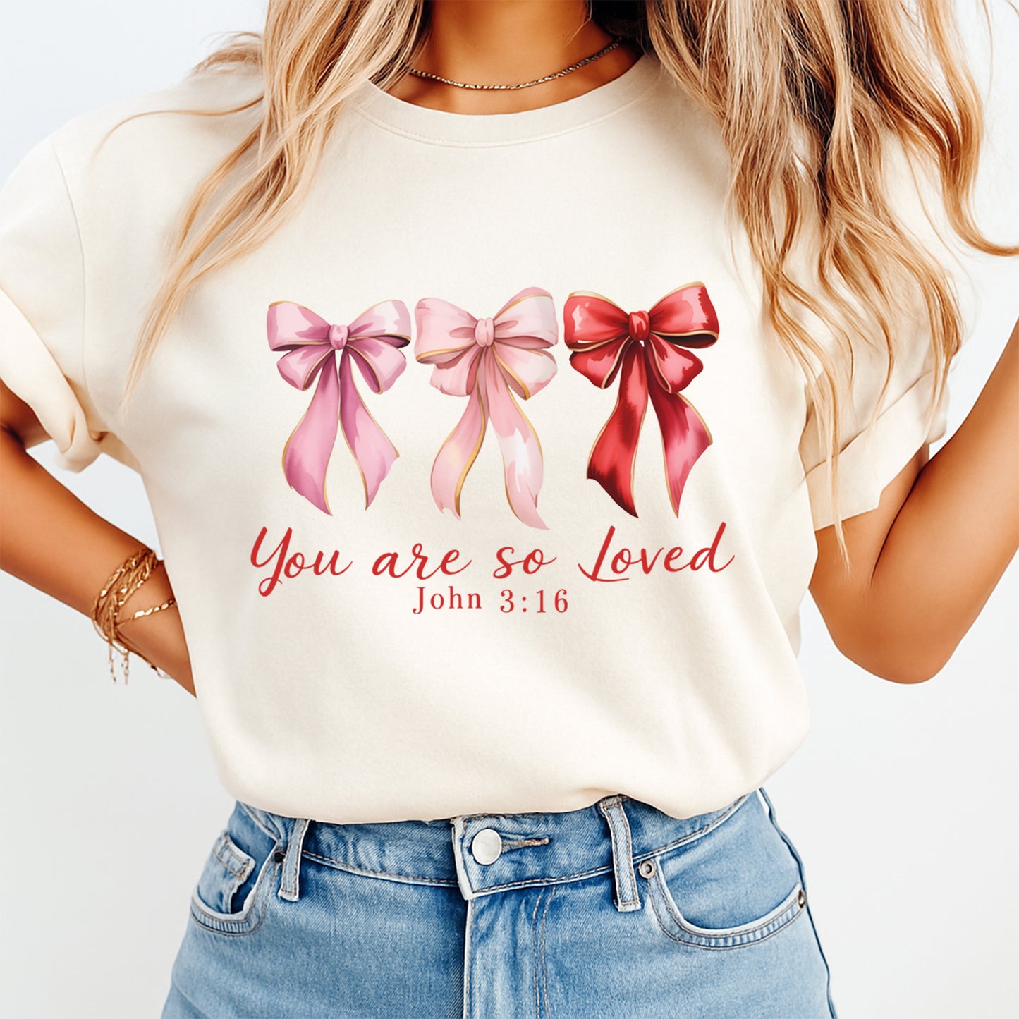 Christian Valentine John 3 16 bow graphic printed on cream shirt with faith message