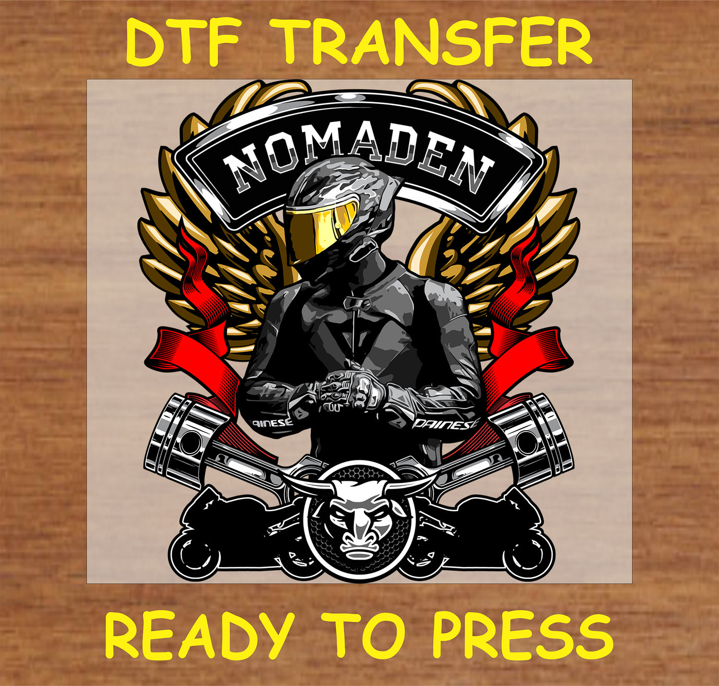 "Nomaden DTF Transfer with biker, golden wings, pistons, and bold emblem for motorcycle enthusiasts"