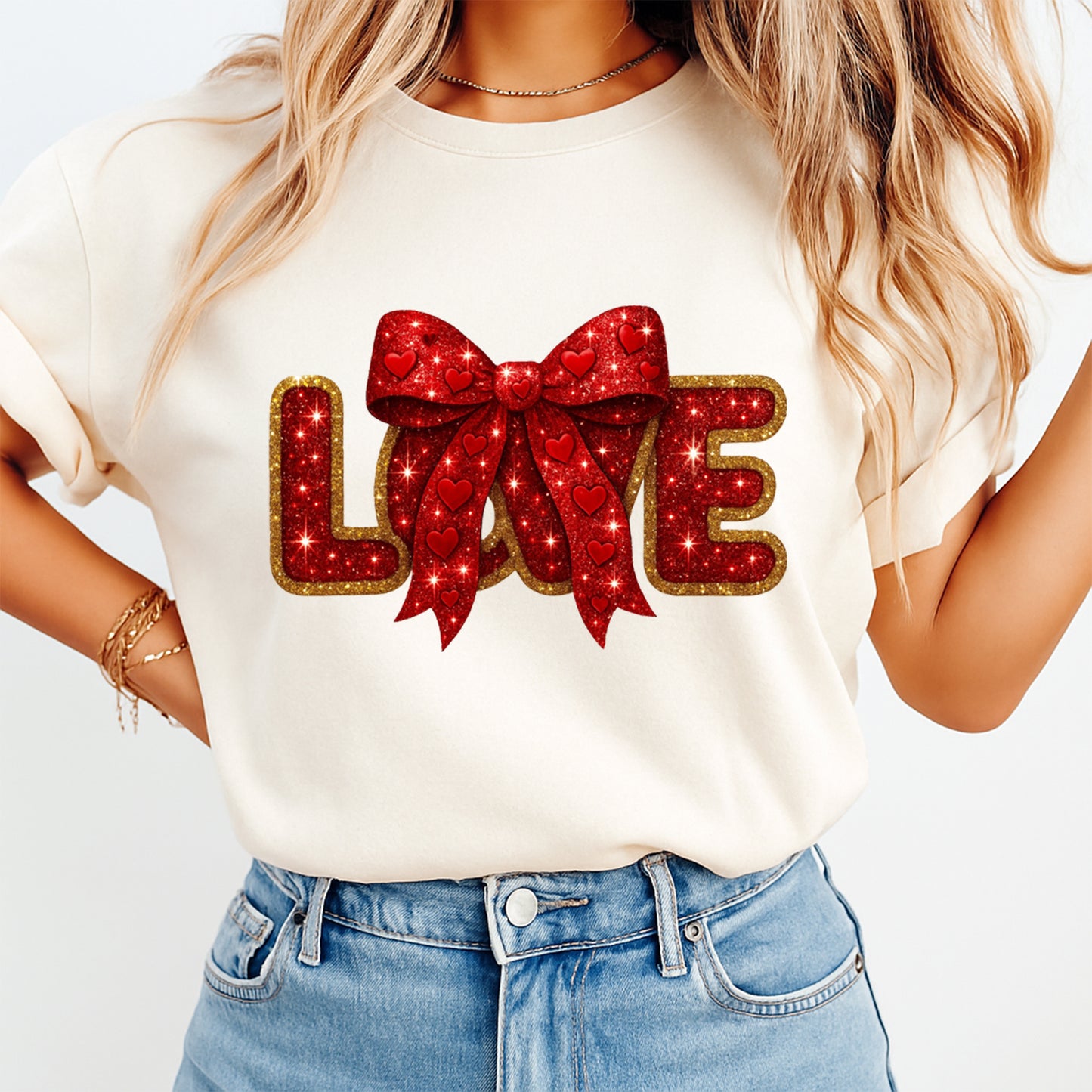 Red glitter love bow graphic printed on cream shirt for Valentine outfit