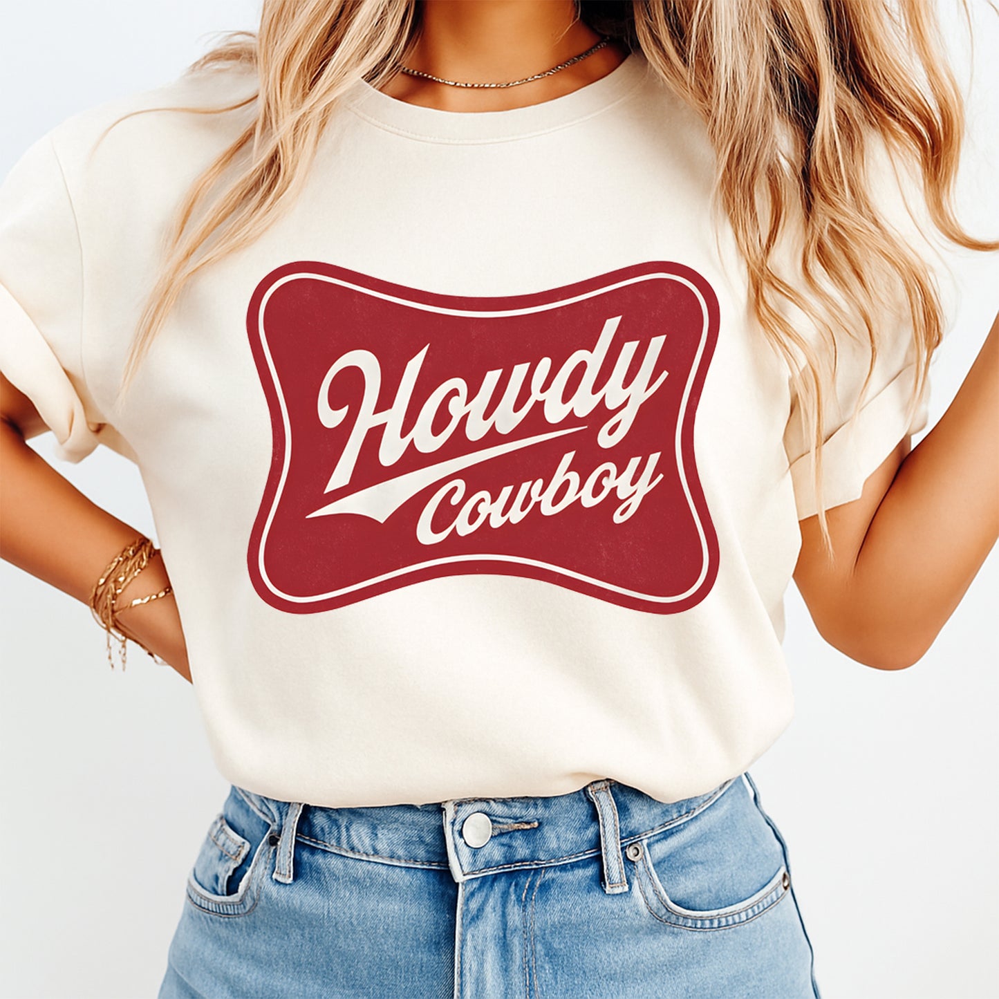 howdy cowboy western graphic printed on cream shirt country rodeo outfit style