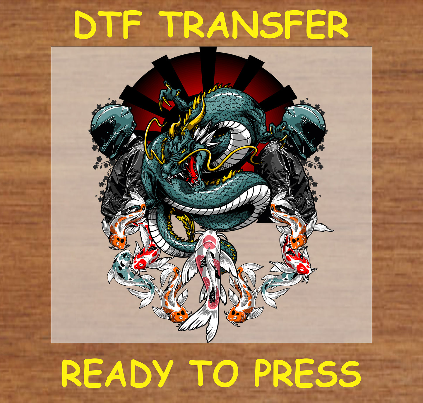 "Dragon and Koi Biker DTF Transfer with detailed dragon, koi fish, and biker helmets design"