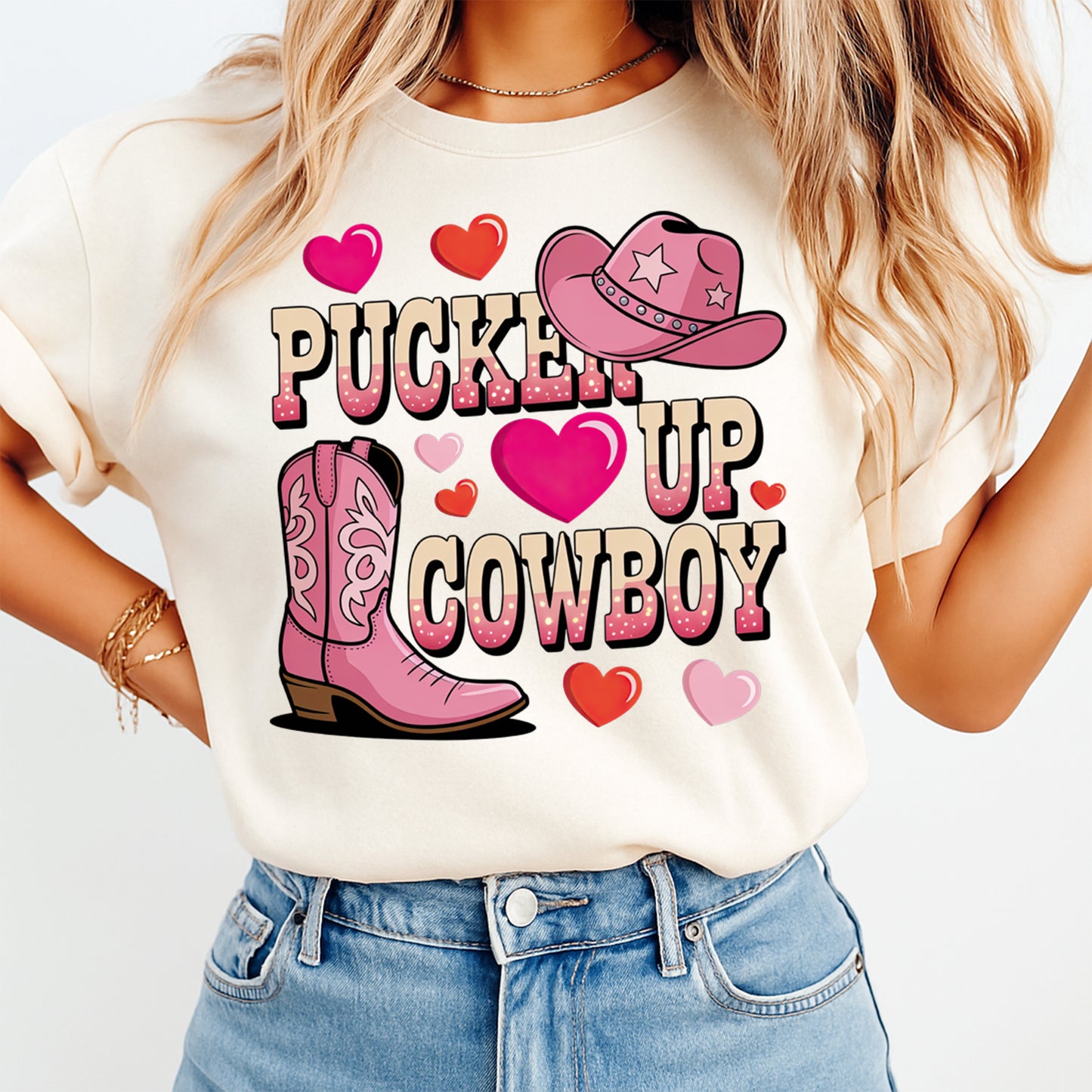 pucker up cowboy western boot hat hearts shirt graphic ready to press dtf transfer applied to apparel