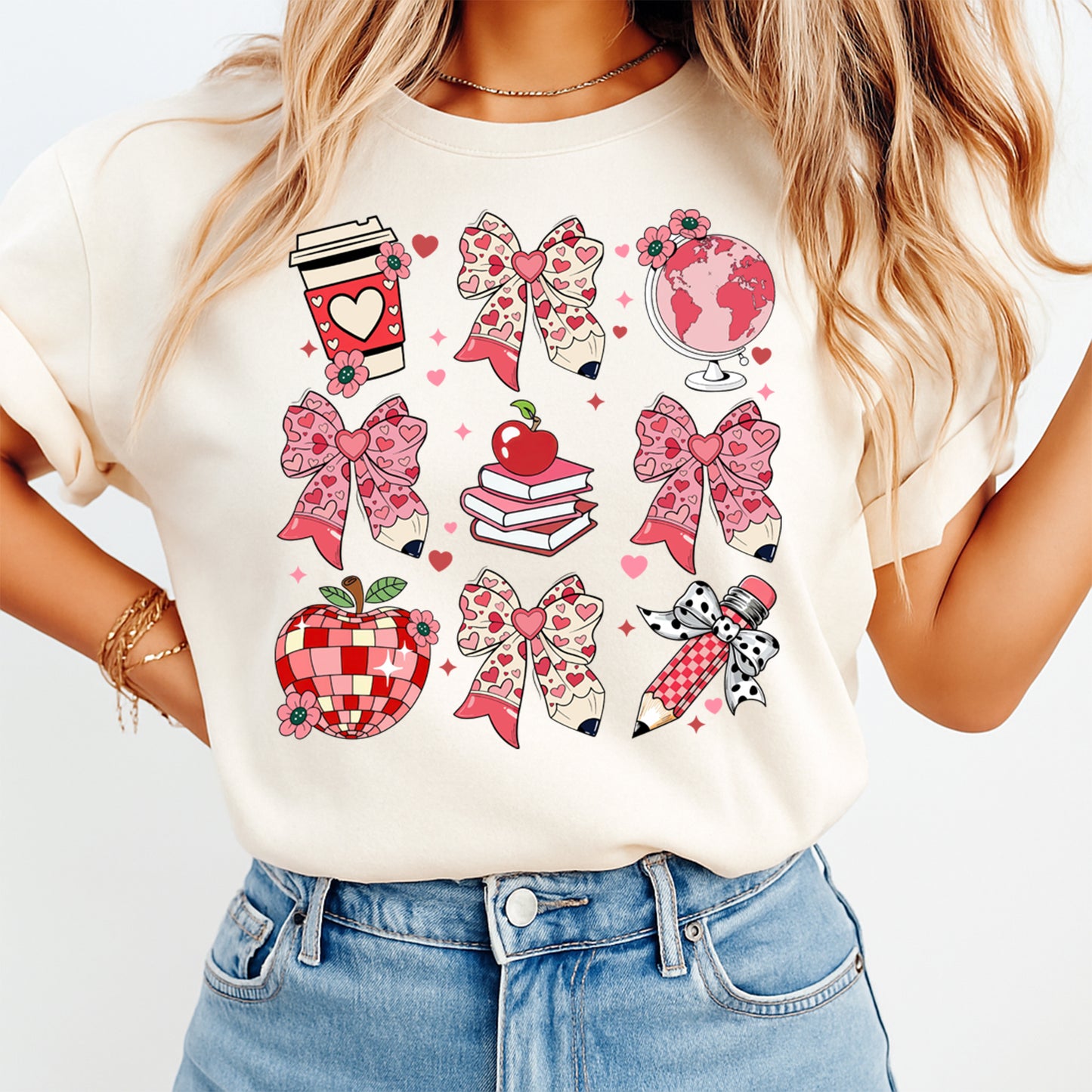 teacher valentine bows apple books globe classroom shirt graphic ready to press dtf transfer applied to apparel