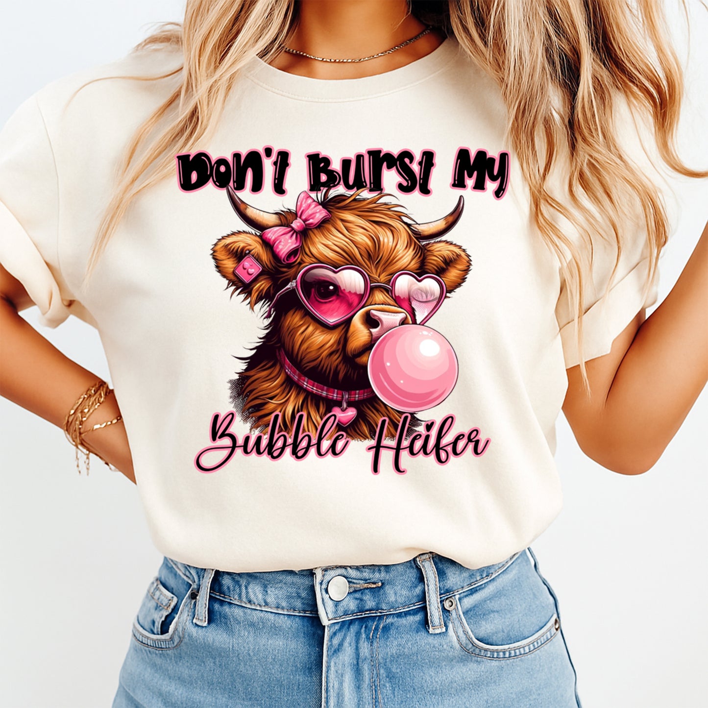 western humor cow graphic tee mockup featuring don’t burst my bubble heifer cow blowing bubble gum shirt design