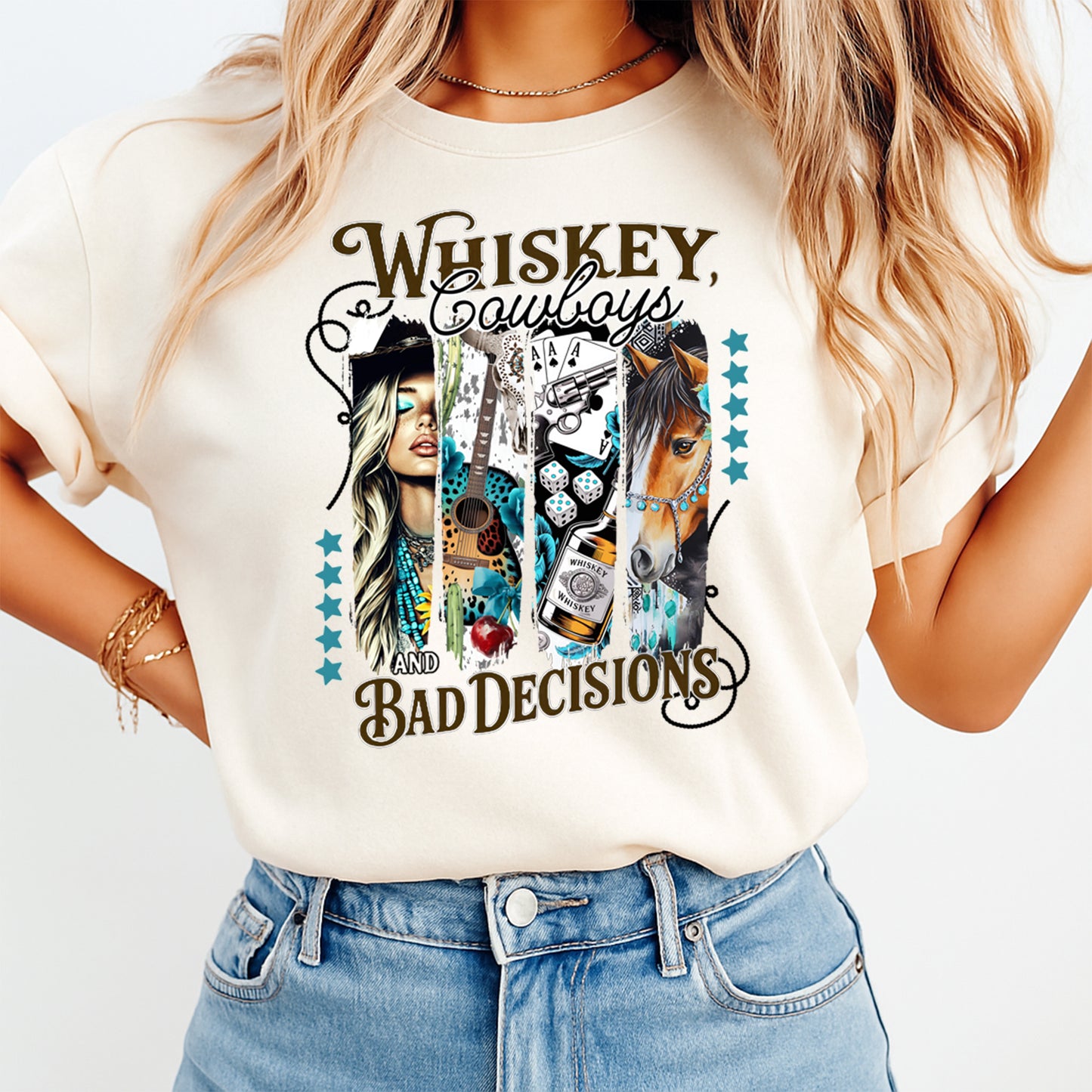western cowgirl graphic tee mockup featuring whiskey cowboys and bad decisions rodeo themed shirt design
