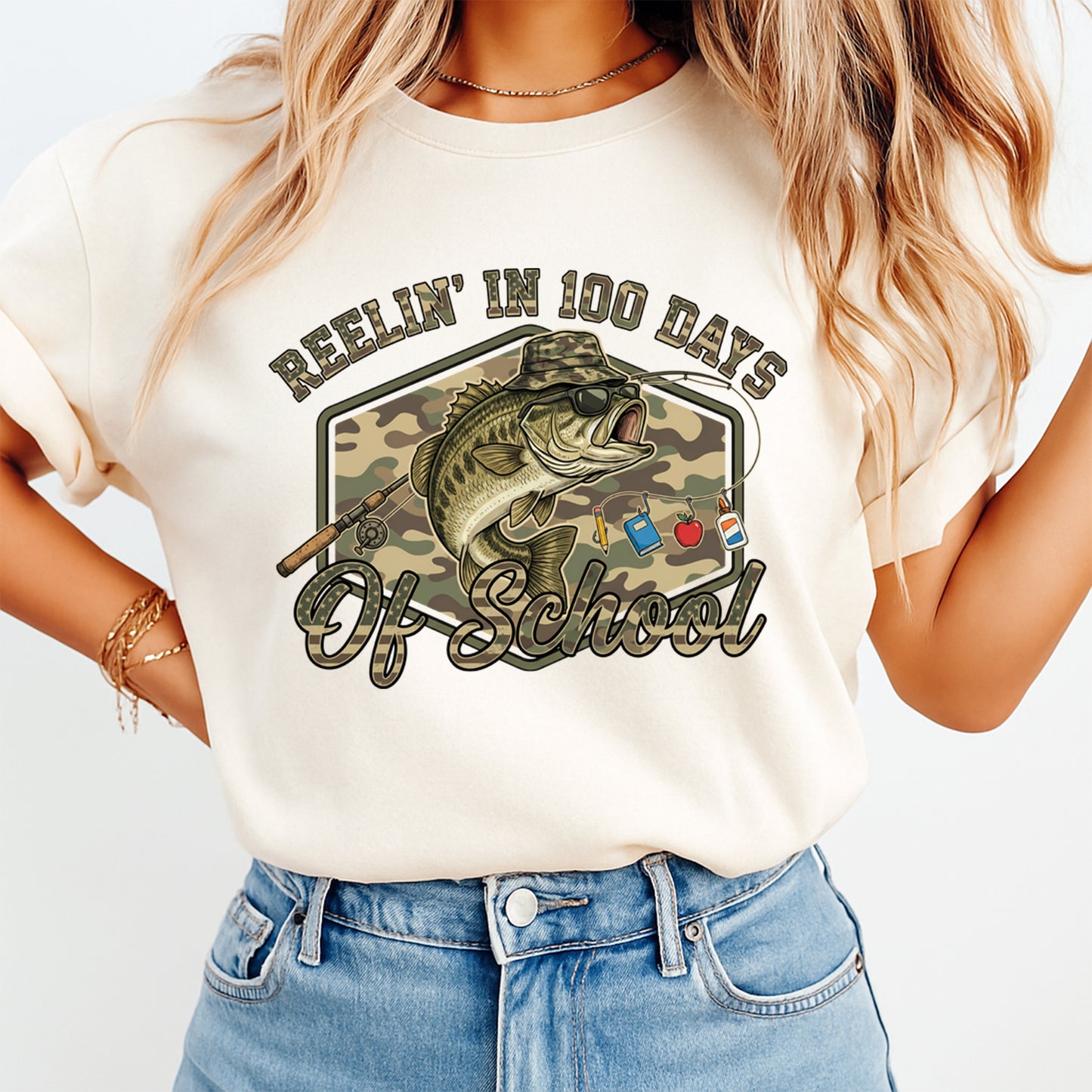 fishing themed school graphic tee mockup featuring reelin in 100 days of school bass fish shirt design