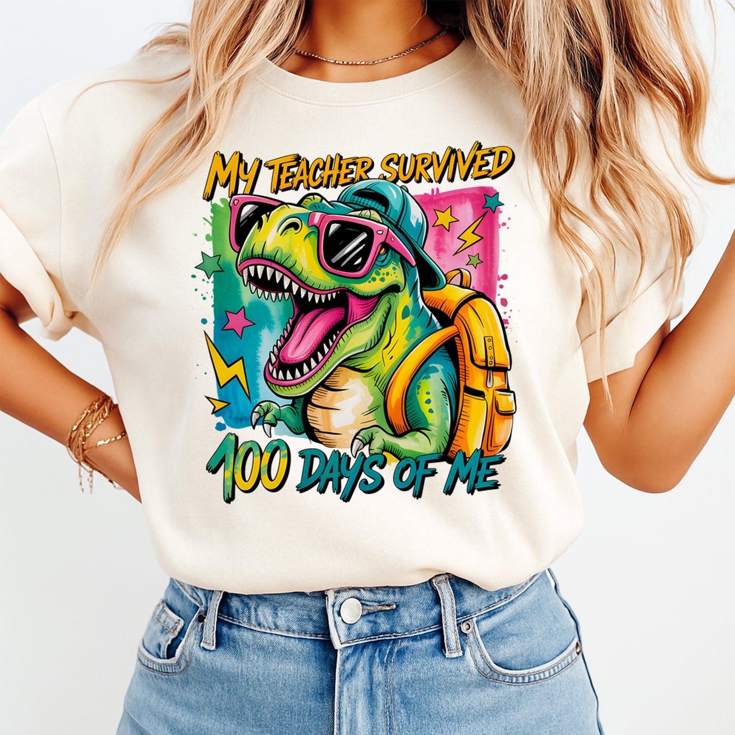 kids dinosaur school graphic tee mockup featuring my teacher survived 100 days of me shirt design