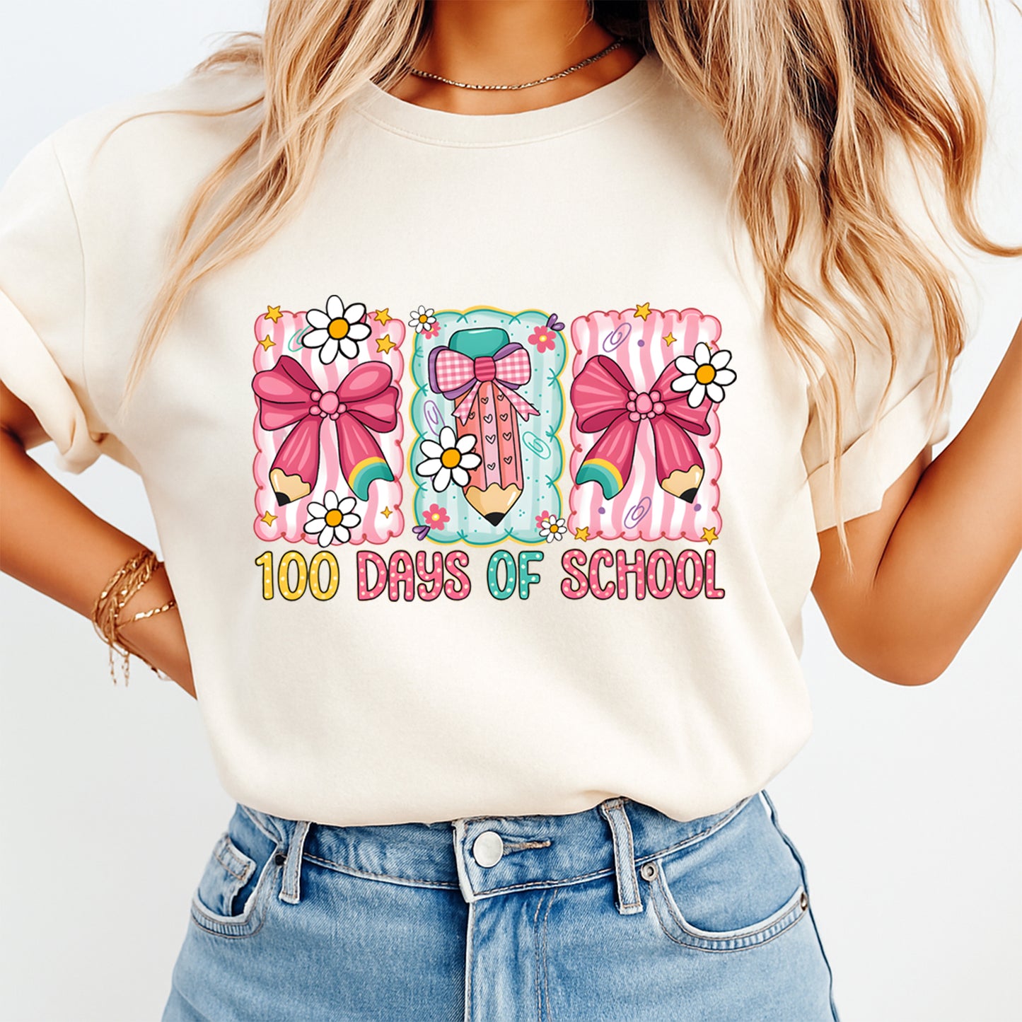 bow pencil 100 days of school graphic tee mockup showing colorful classroom celebration shirt design