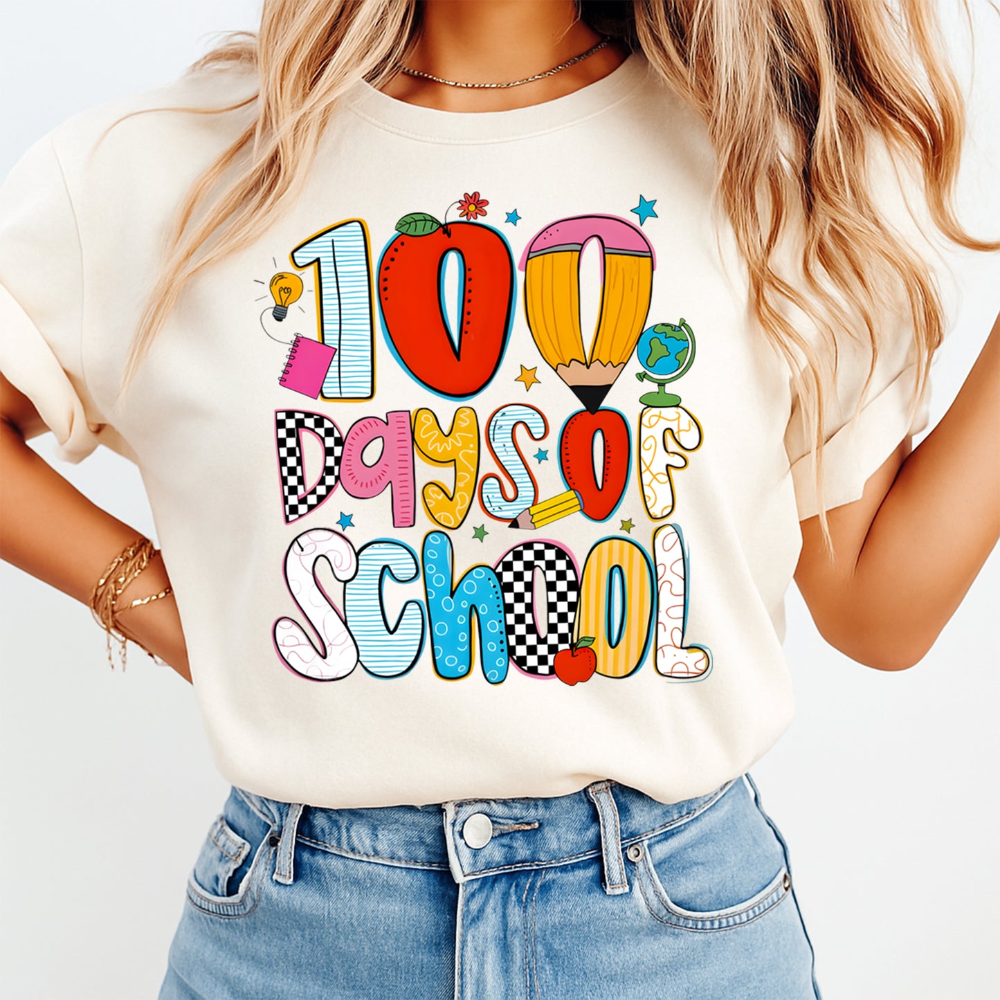 colorful 100 days of school graphic tee mockup featuring classroom icons and playful school celebration shirt design