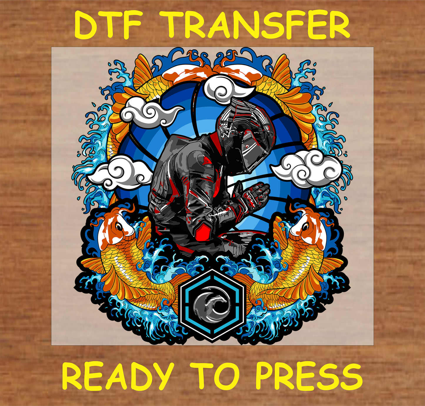 "Zen Biker Koi DTF Transfer featuring a meditative biker with koi fish, waves, and traditional clouds"