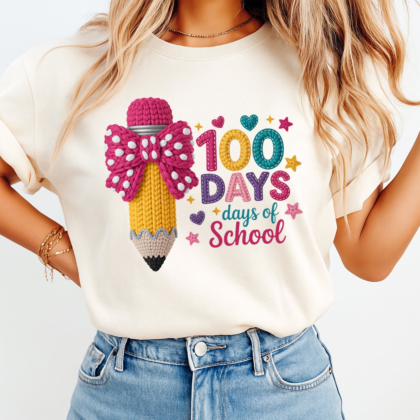 100 days of school bow pencil graphic tee mockup showing classroom celebration shirt design