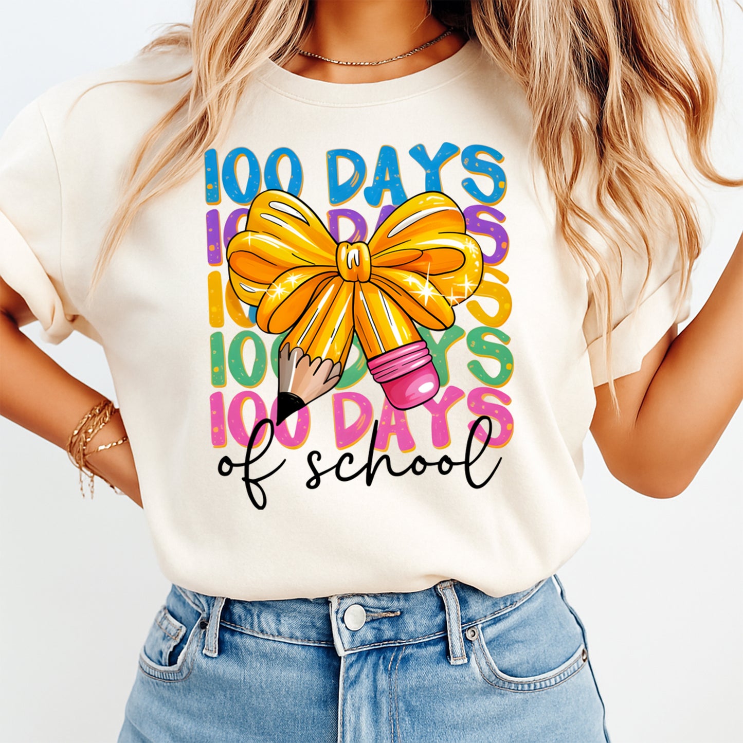 100 days of school yellow bow pencil graphic tee mockup showing colorful classroom celebration shirt design