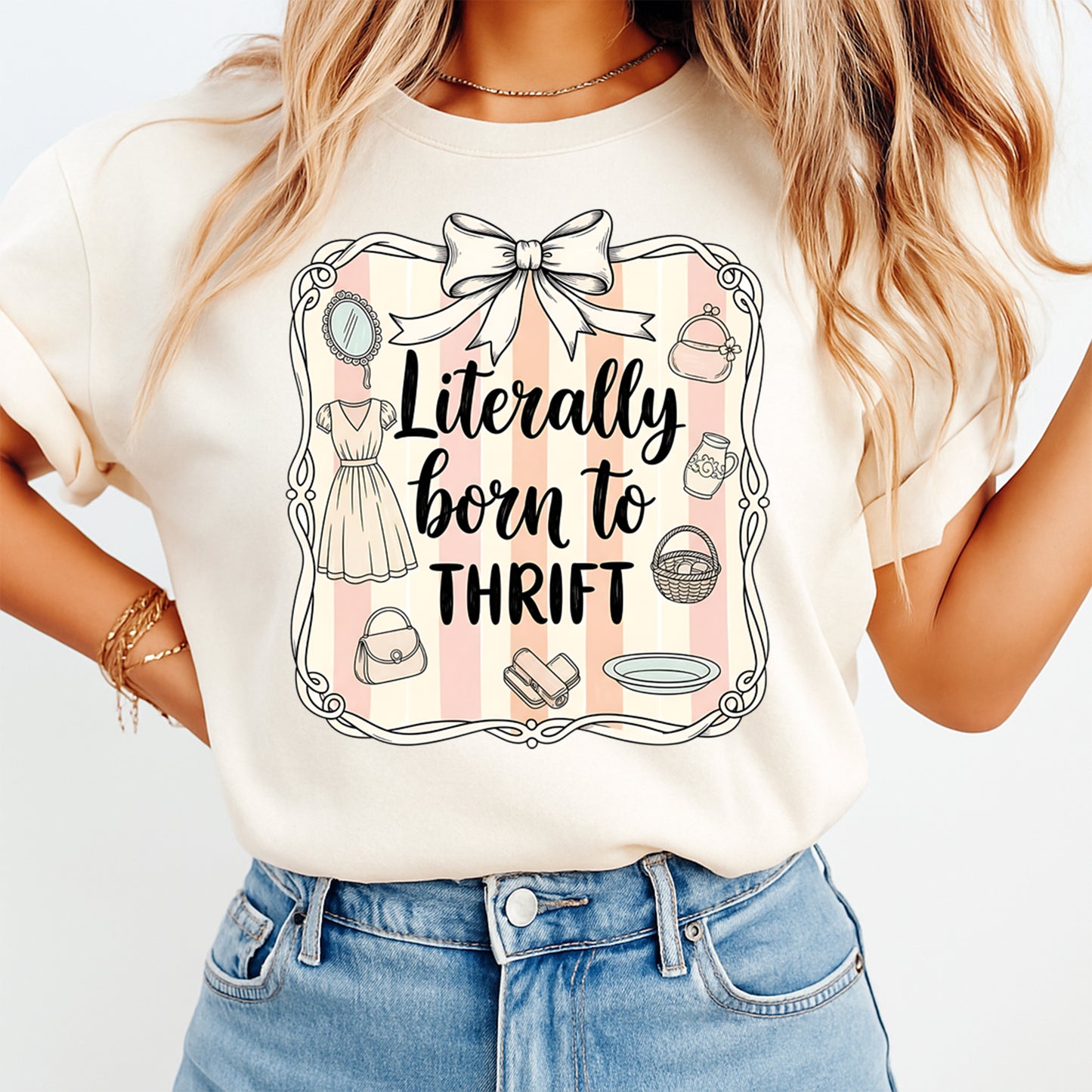 woman wearing literally born to thrift vintage shopping themed shirt graphic thrift lover apparel aesthetic