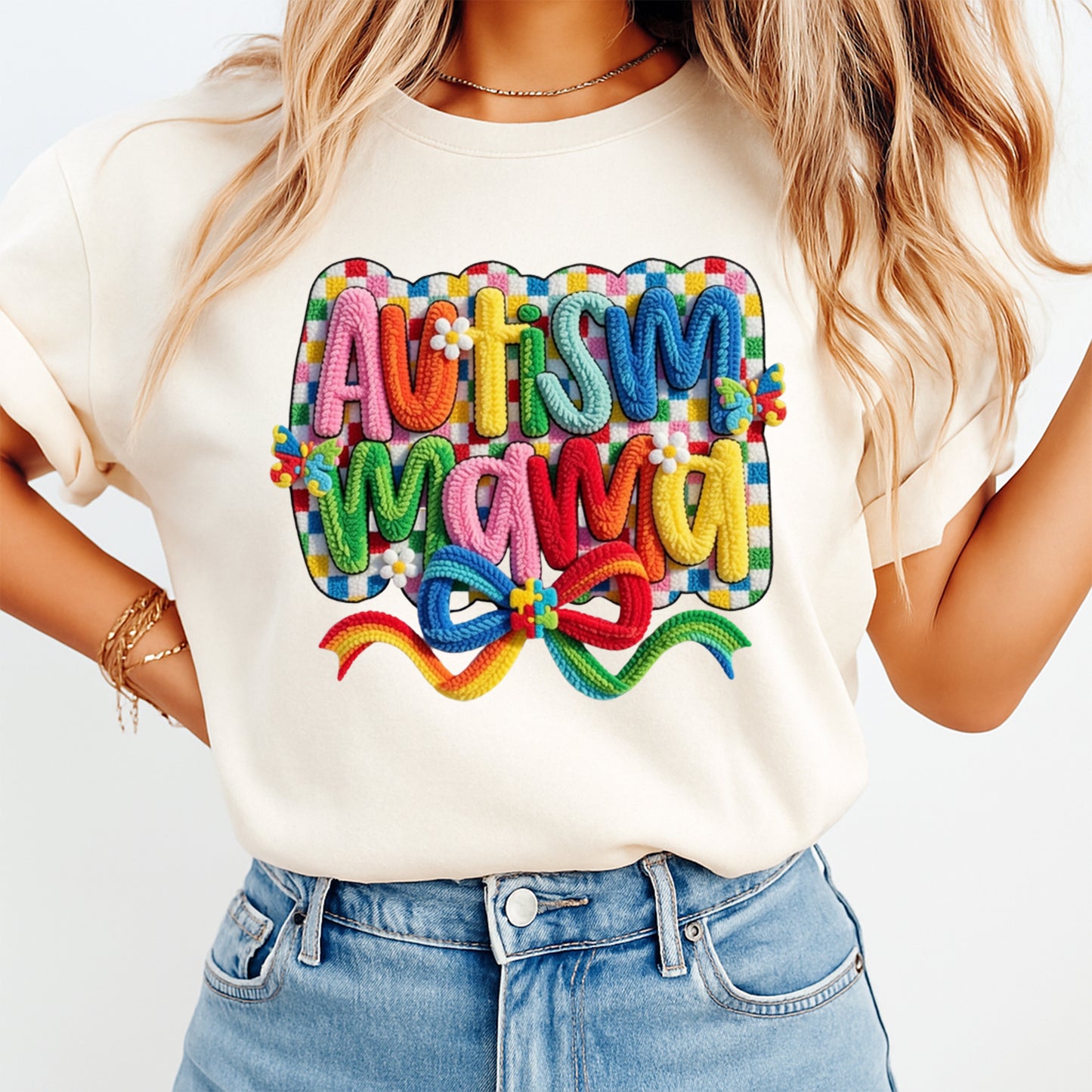 autism mama colorful puzzle bow shirt graphic on apparel mockup ready to press dtf heat transfer autism awareness shirt