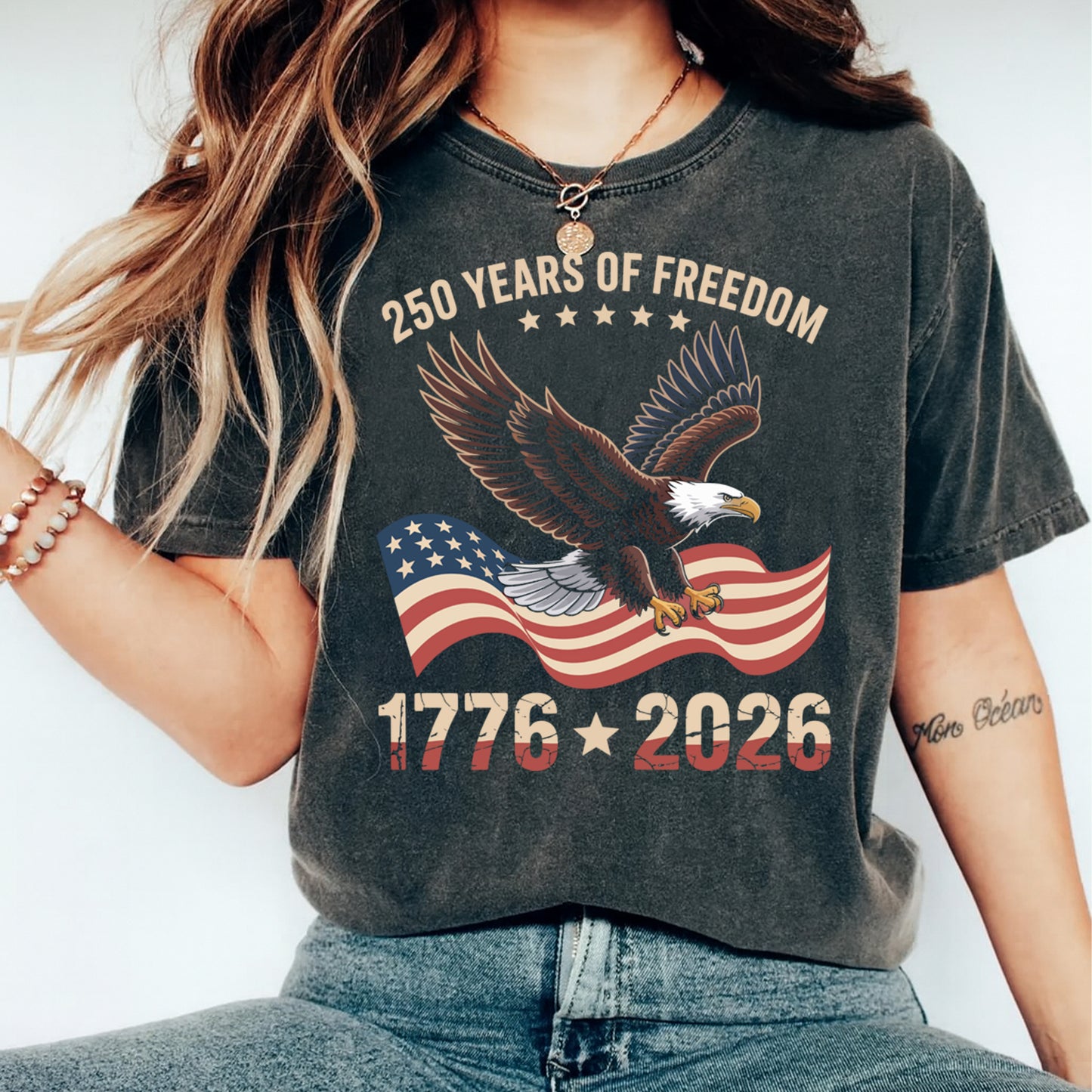 woman wearing patriotic eagle 1776 2026 shirt graphic with american flag ready to press dtf transfer design