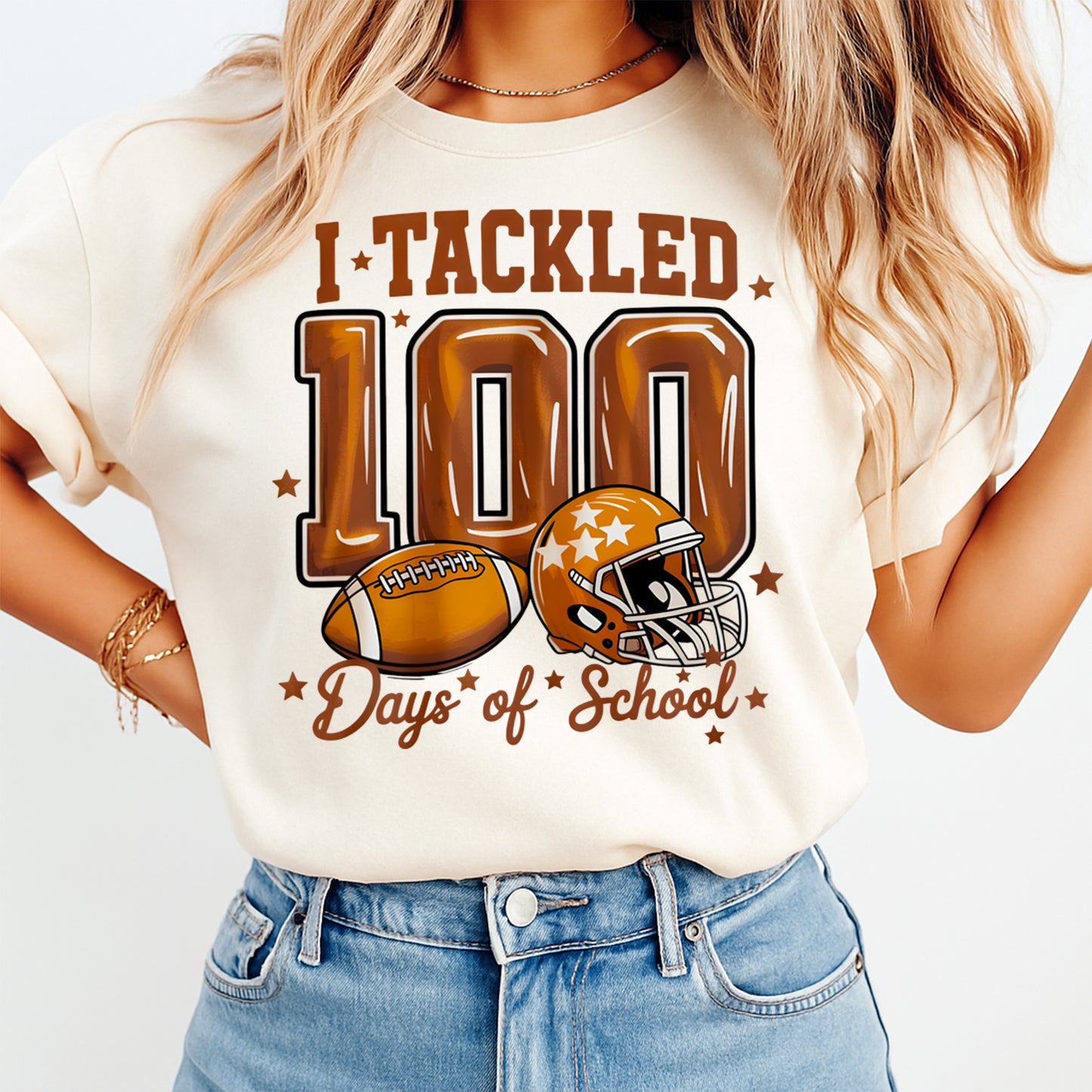 woman wearing i tackled 100 days of school football themed shirt graphic ready to press dtf transfer design