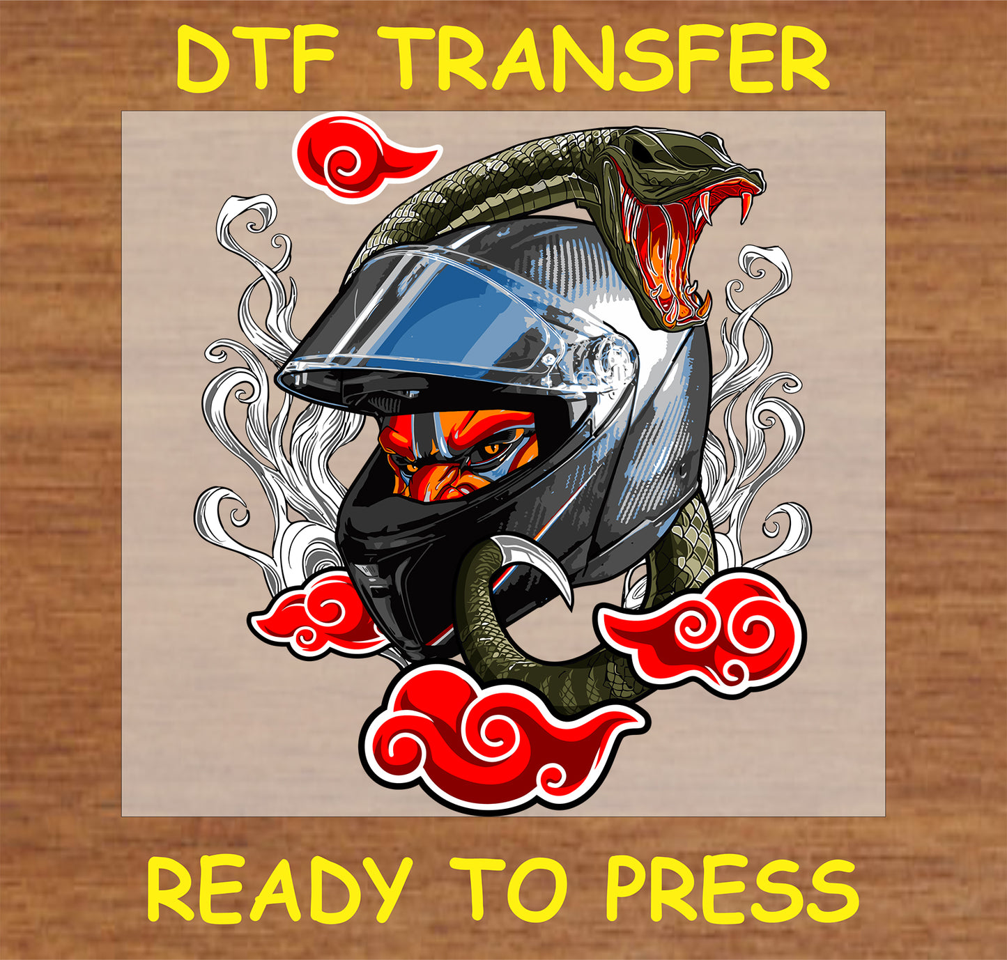 "Serpent Rider DTF Transfer with helmet, snake, and red cloud accents"