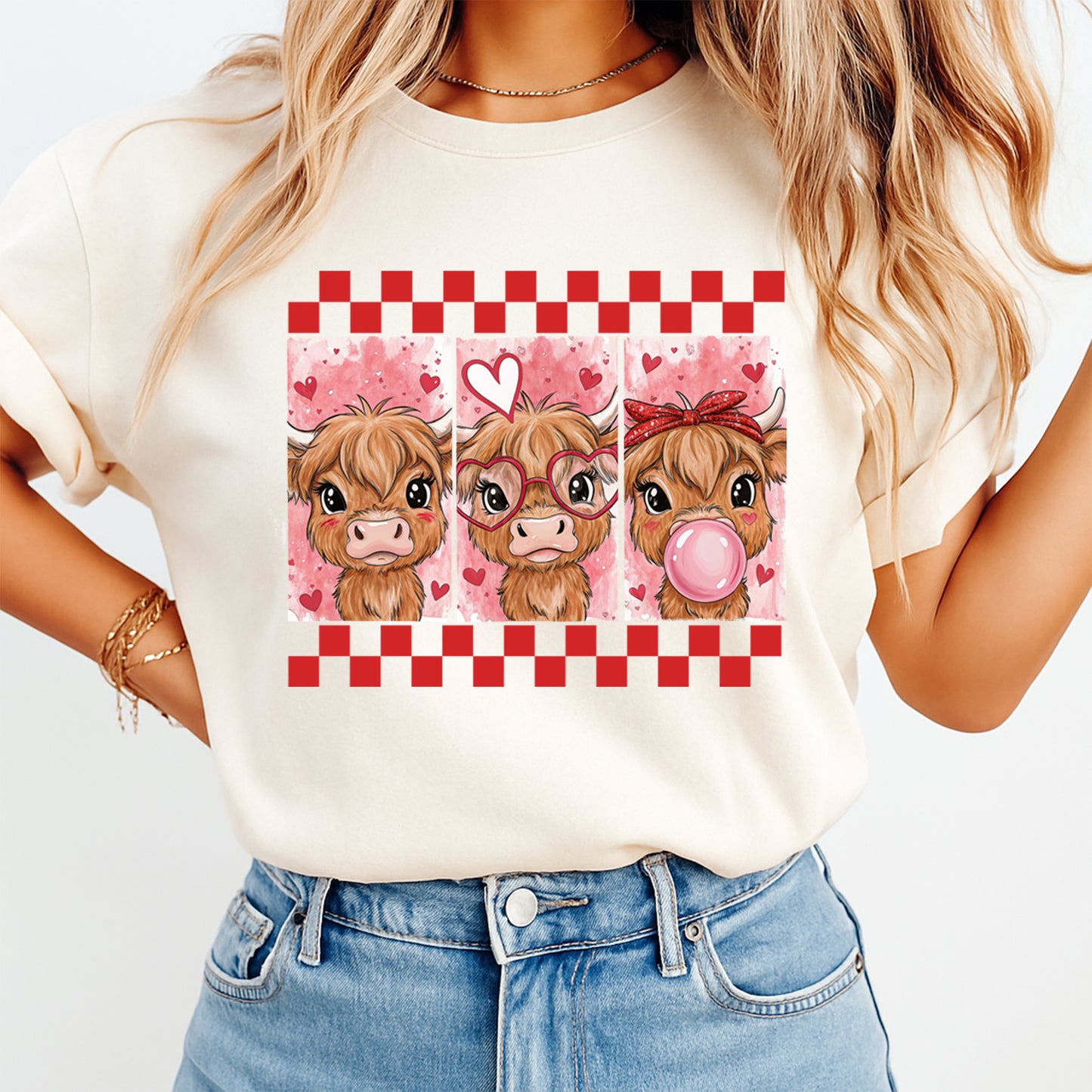 woman wearing cute highland cow trio hearts valentine shirt ready to press dtf transfer design