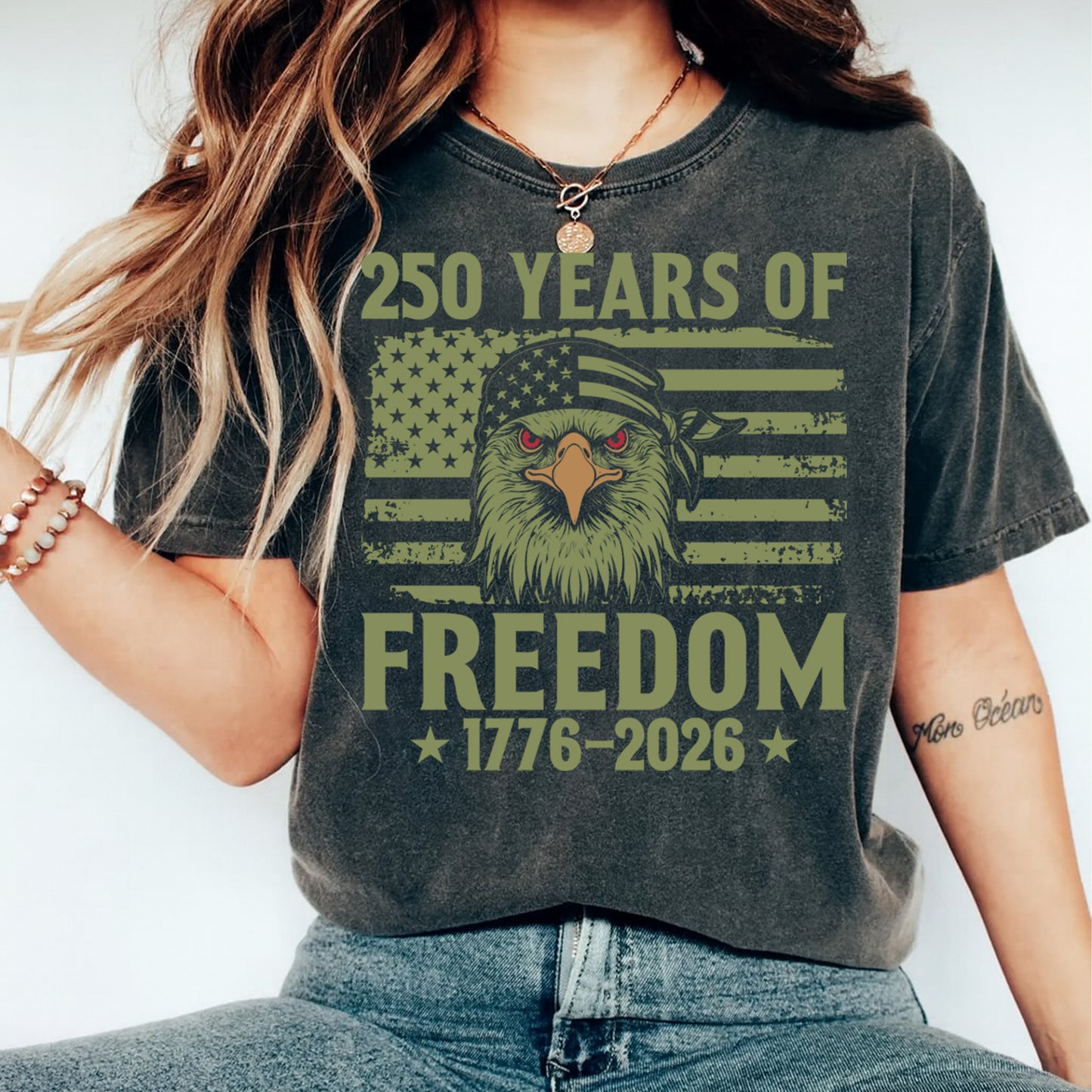 woman wearing 250 years of freedom eagle patriotic shirt ready to press dtf heat transfer graphic