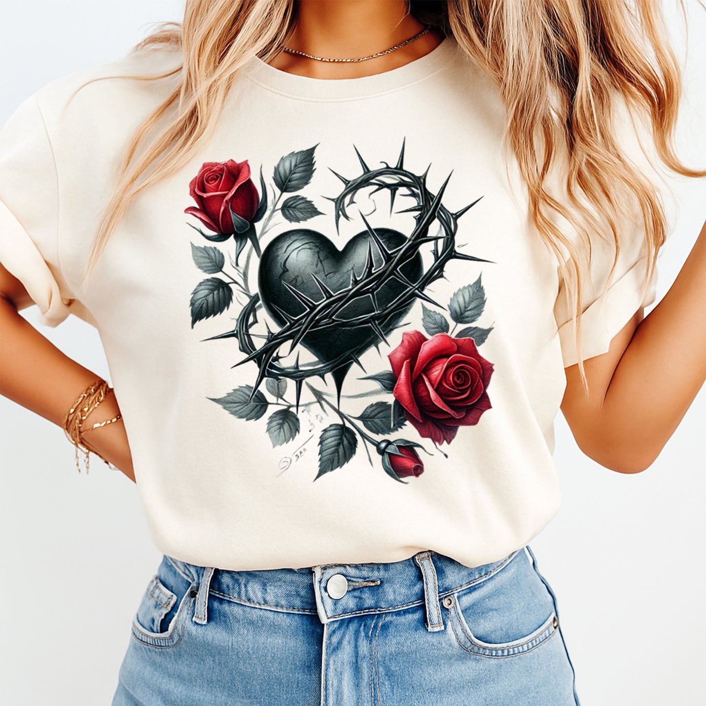 woman wearing shirt with thorn heart and red roses gothic romantic graphic ready to press dtf transfer design