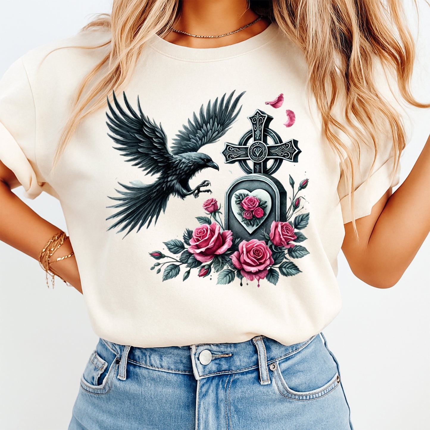 cream shirt with gothic raven cross tombstone rose design ready to press dtf transfer applied on apparel