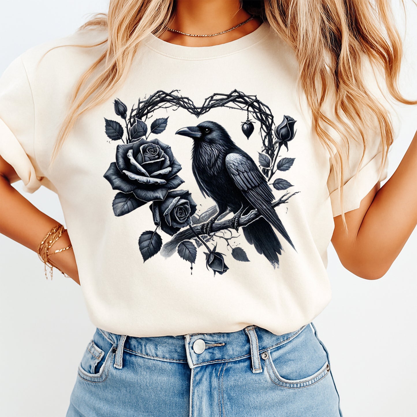 cream shirt with gothic raven black rose design ready to press dtf transfer applied on apparel