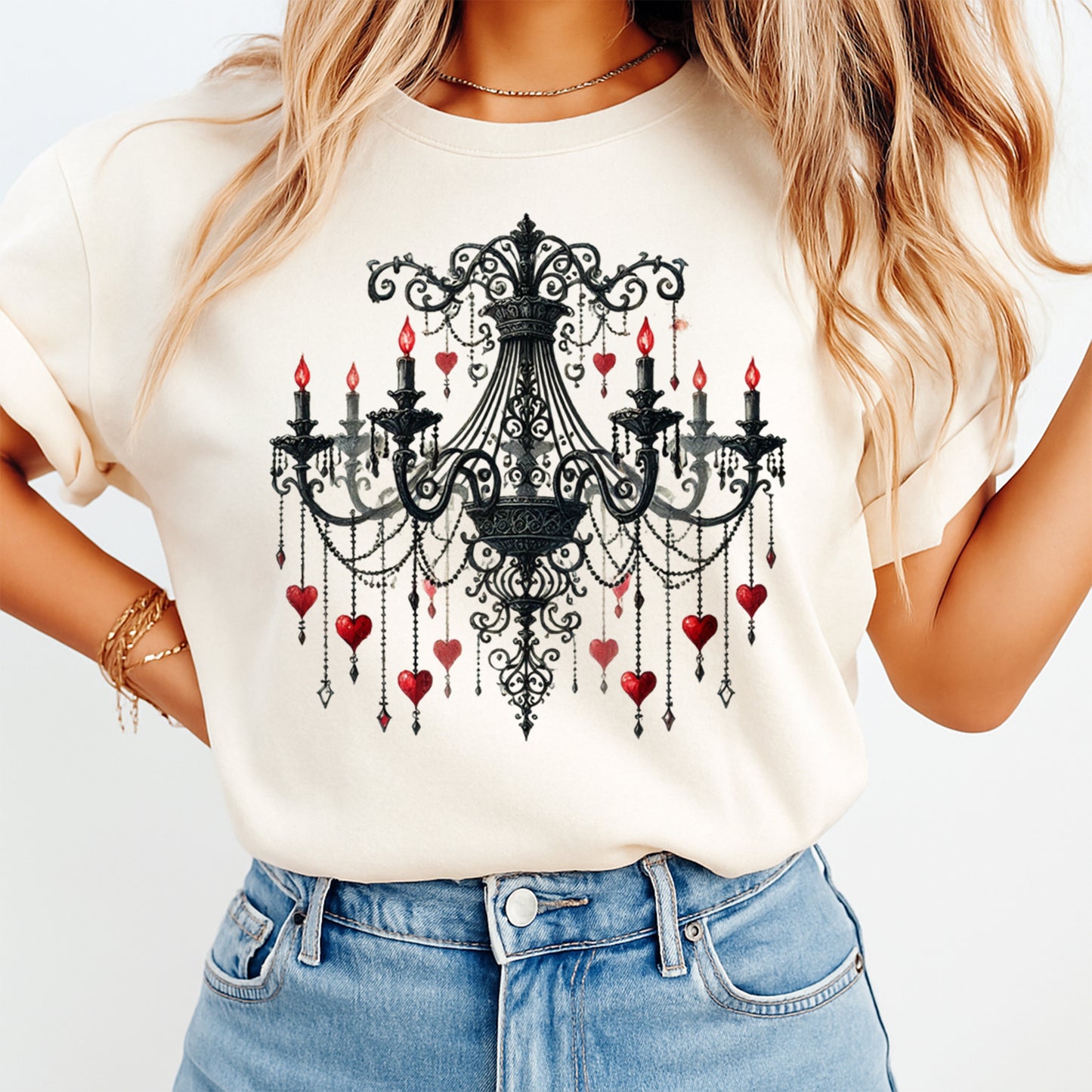 cream shirt with gothic chandelier heart design ready to press dtf transfer applied on apparel