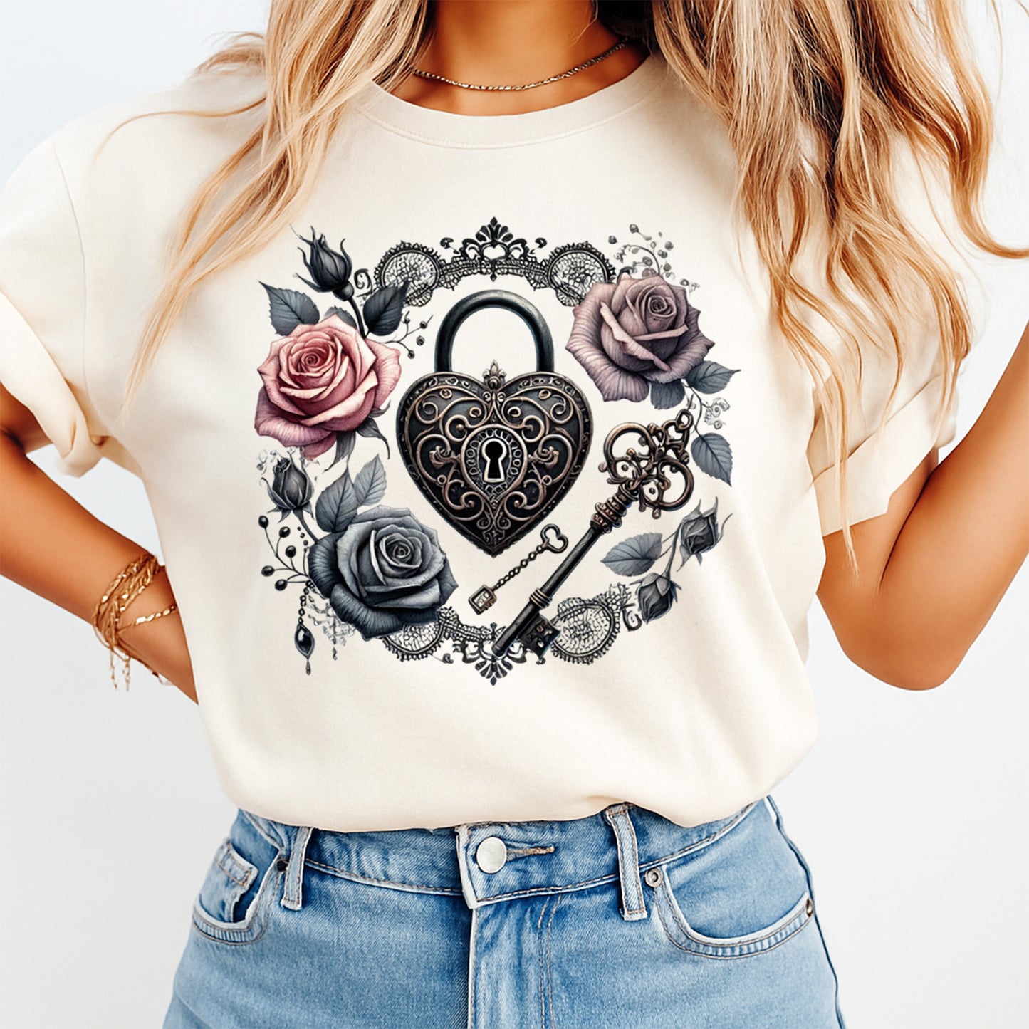 cream shirt with gothic heart lock key rose design ready to press dtf transfer applied on apparel