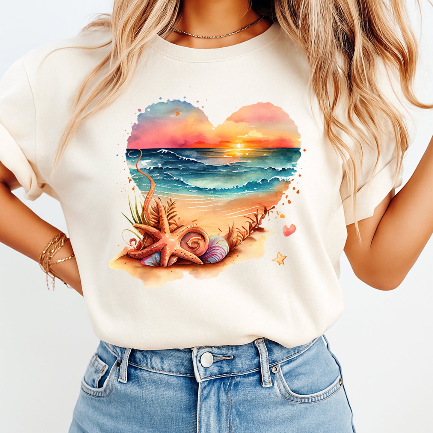cream shirt with beach sunset heart seashell design ready to press dtf transfer applied on apparel