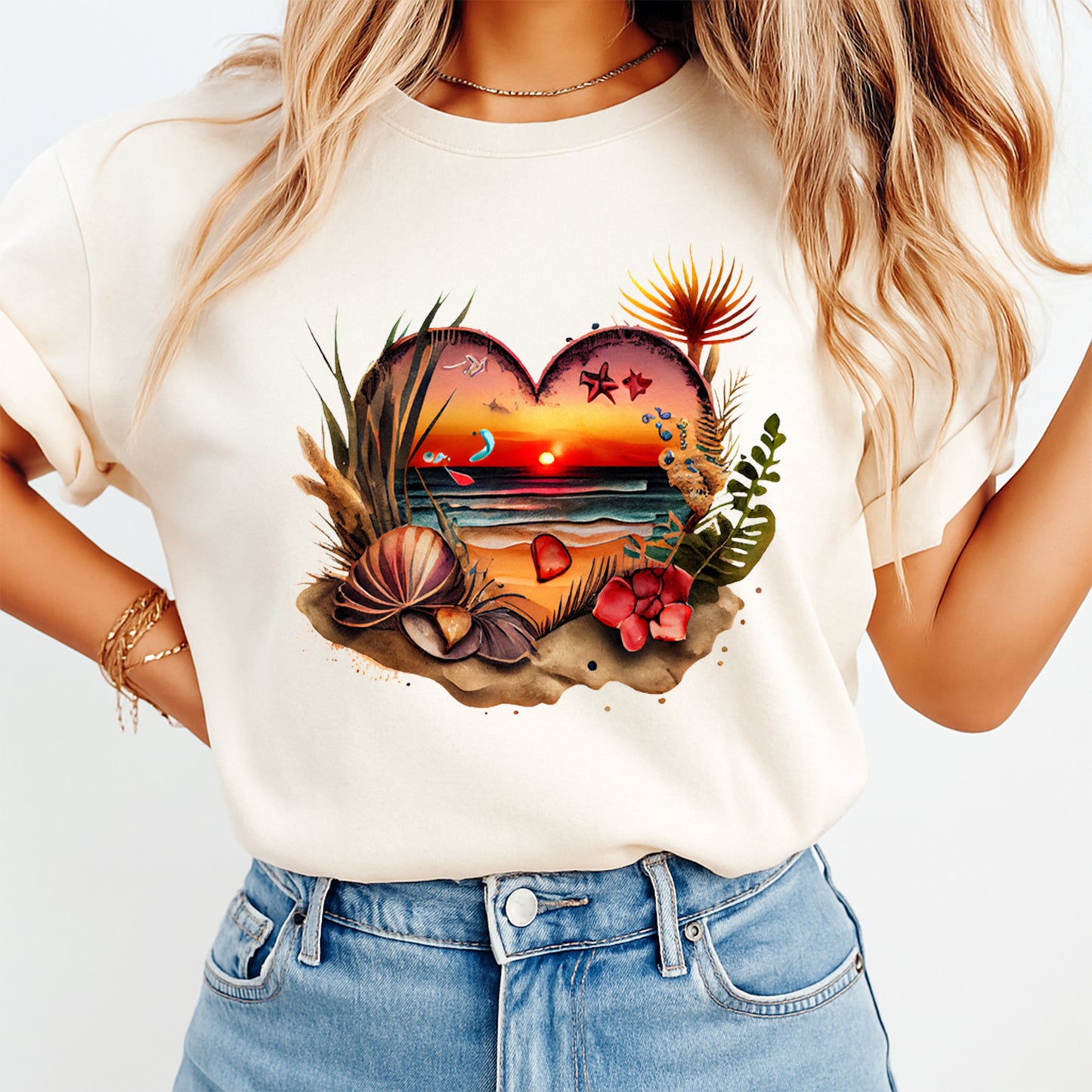 woman wearing shirt with tropical sunset beach heart seashell flower design ready to press dtf transfer applied