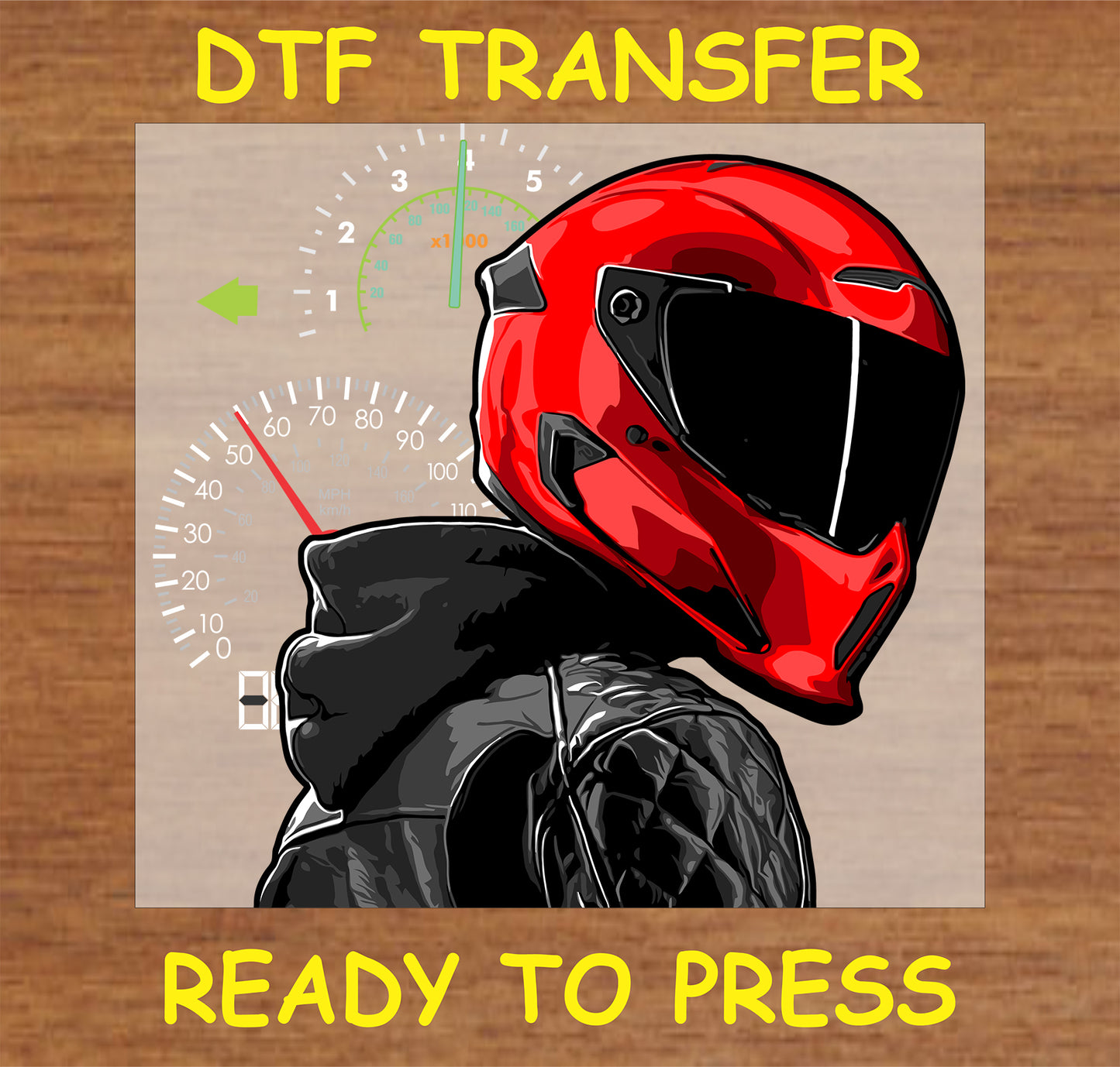 "Red Motorcycle Helmet with Speedometer DTF Transfer featuring a biker helmet and speedometer background"