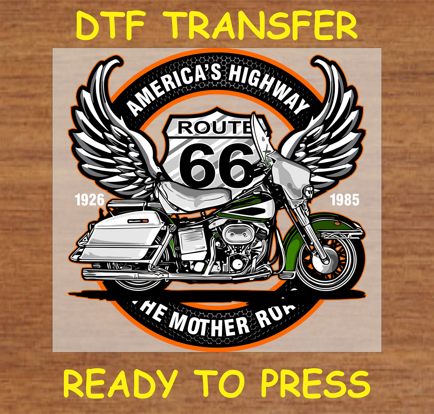 "Route 66 America's Highway DTF Transfer with vintage motorcycle, wings, and Route 66 emblem"