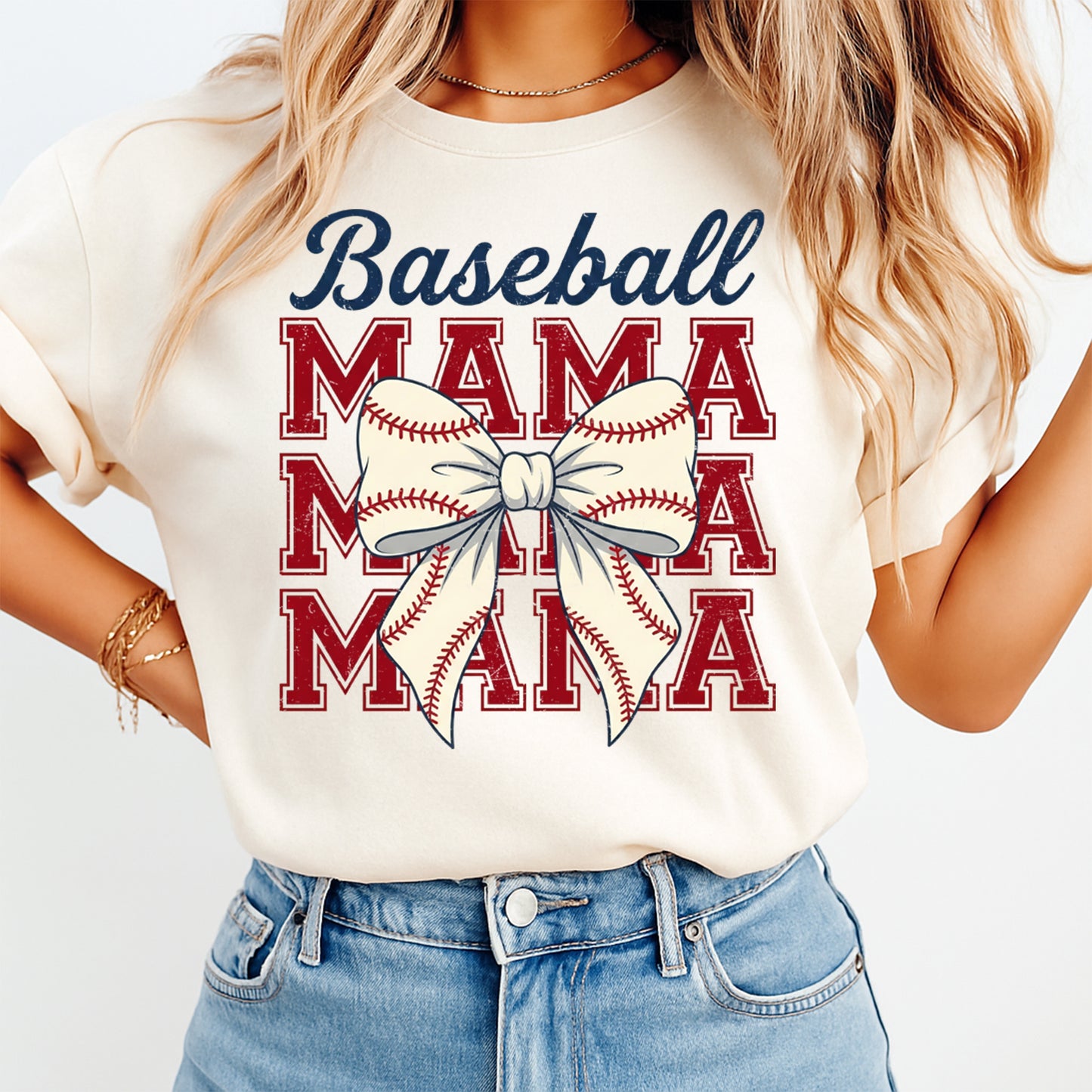 woman wearing shirt with baseball mama bow design ready to press dtf transfer applied