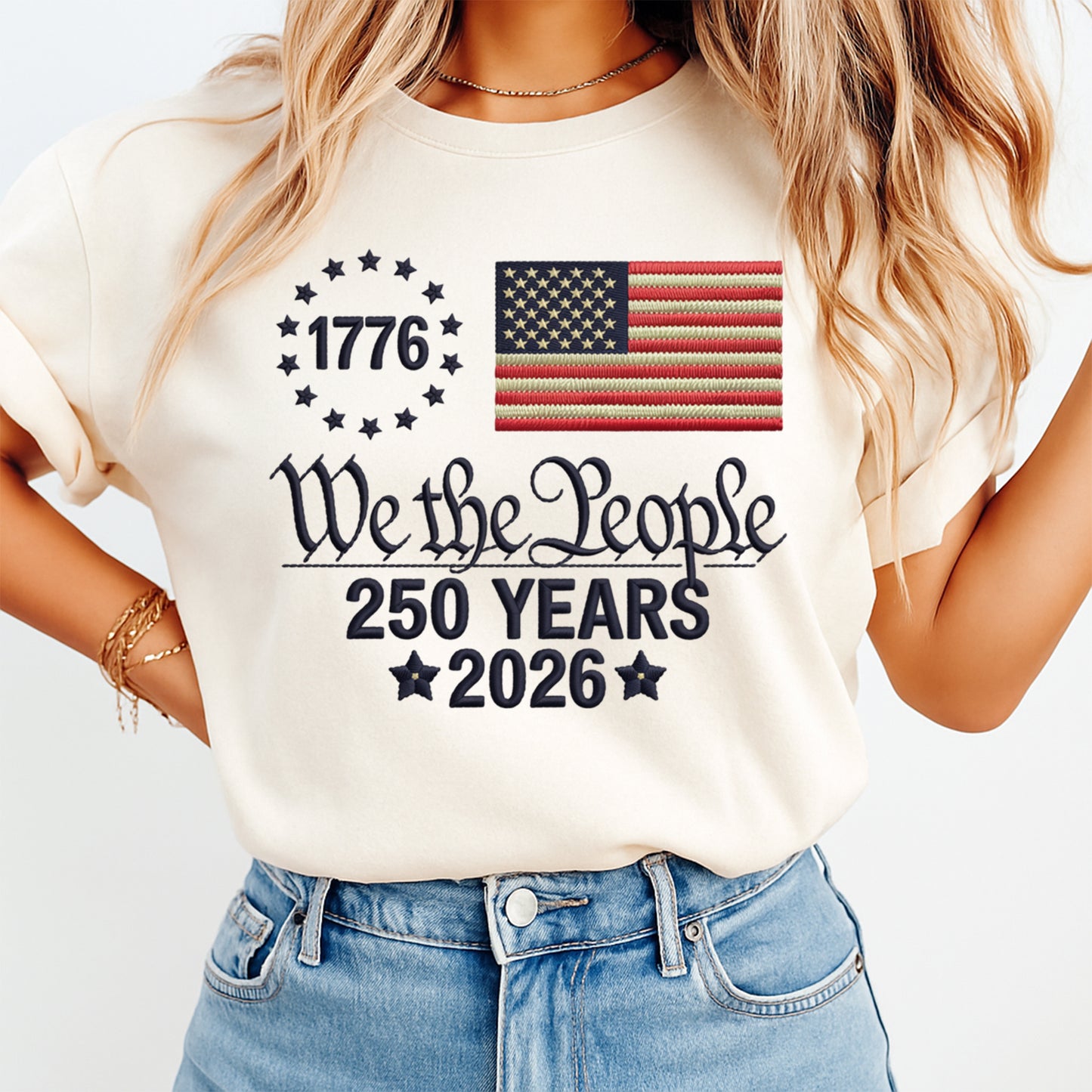 woman wearing shirt with we the people 250 years 2026 patriotic american flag design ready to press dtf transfer applied