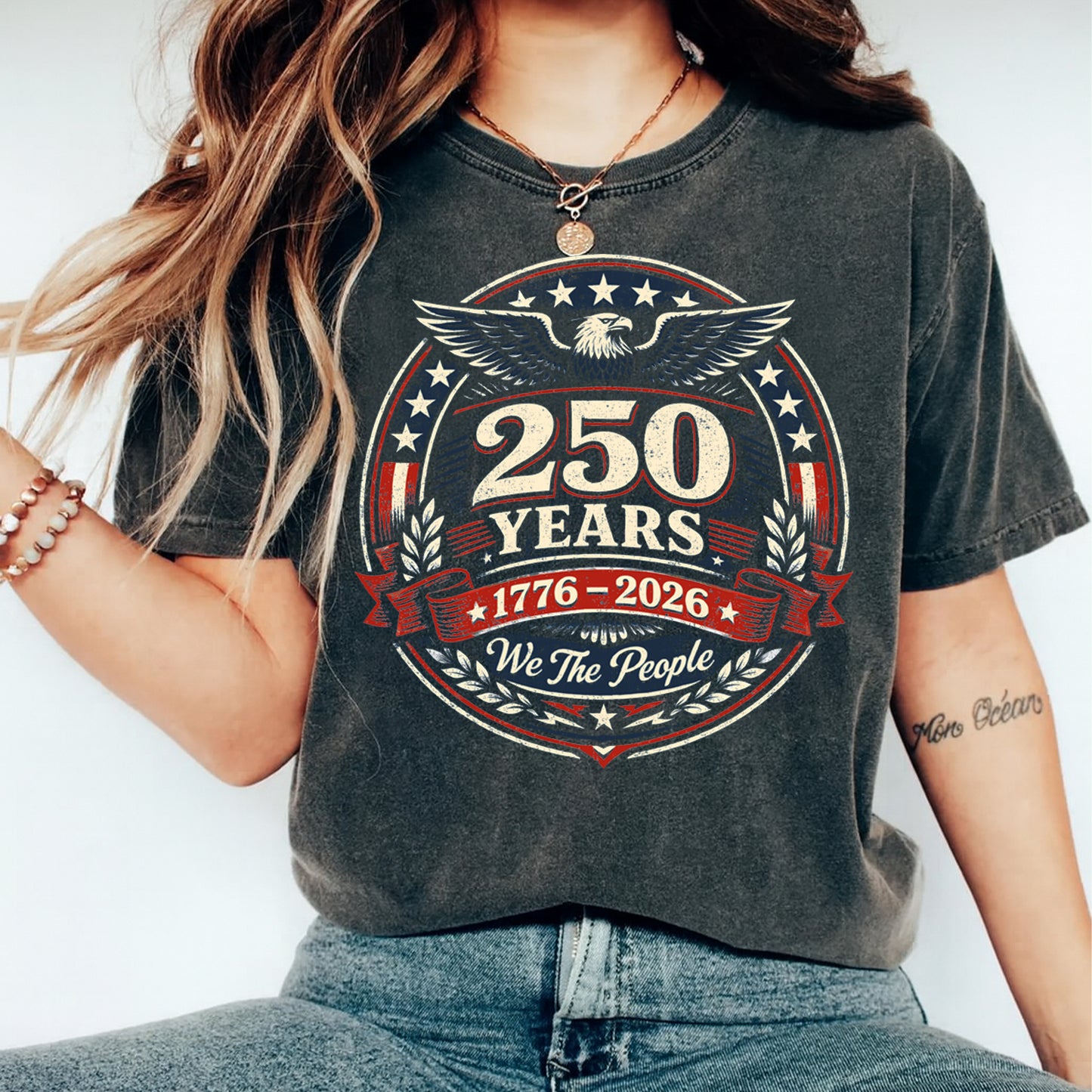 woman wearing dark shirt with patriotic eagle 250 years 1776 2026 design ready to press dtf transfer vintage usa graphic