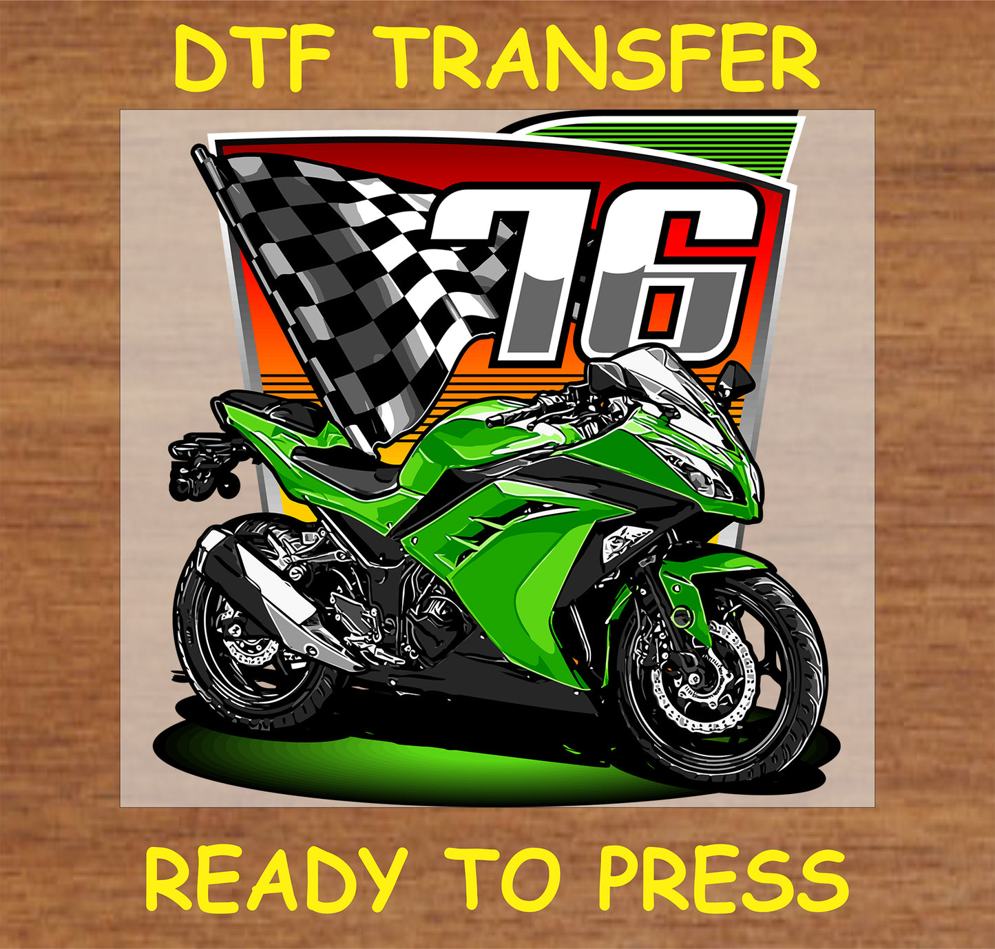 "Racing Motorcycle DTF Transfer with green bike, checkered flag, and number 76"