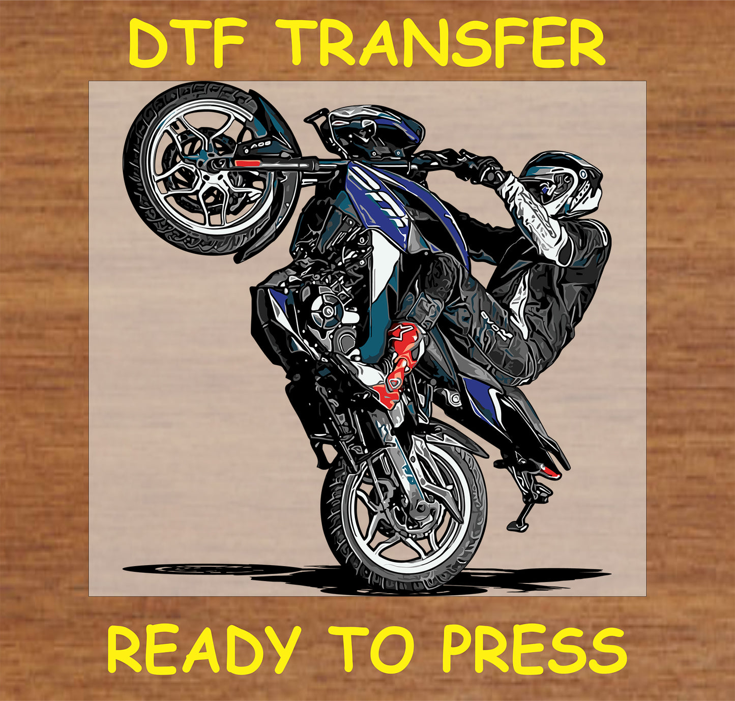 "Motorcycle Wheelie Stunt DTF Transfer with biker performing wheelie"