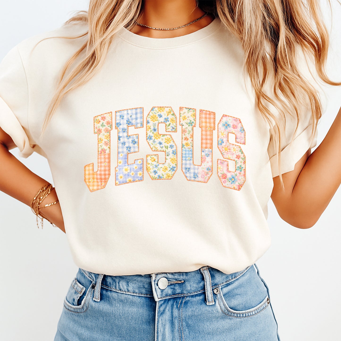 woman wearing beige t shirt with jesus patchwork floral dtf transfer spring easter christian design