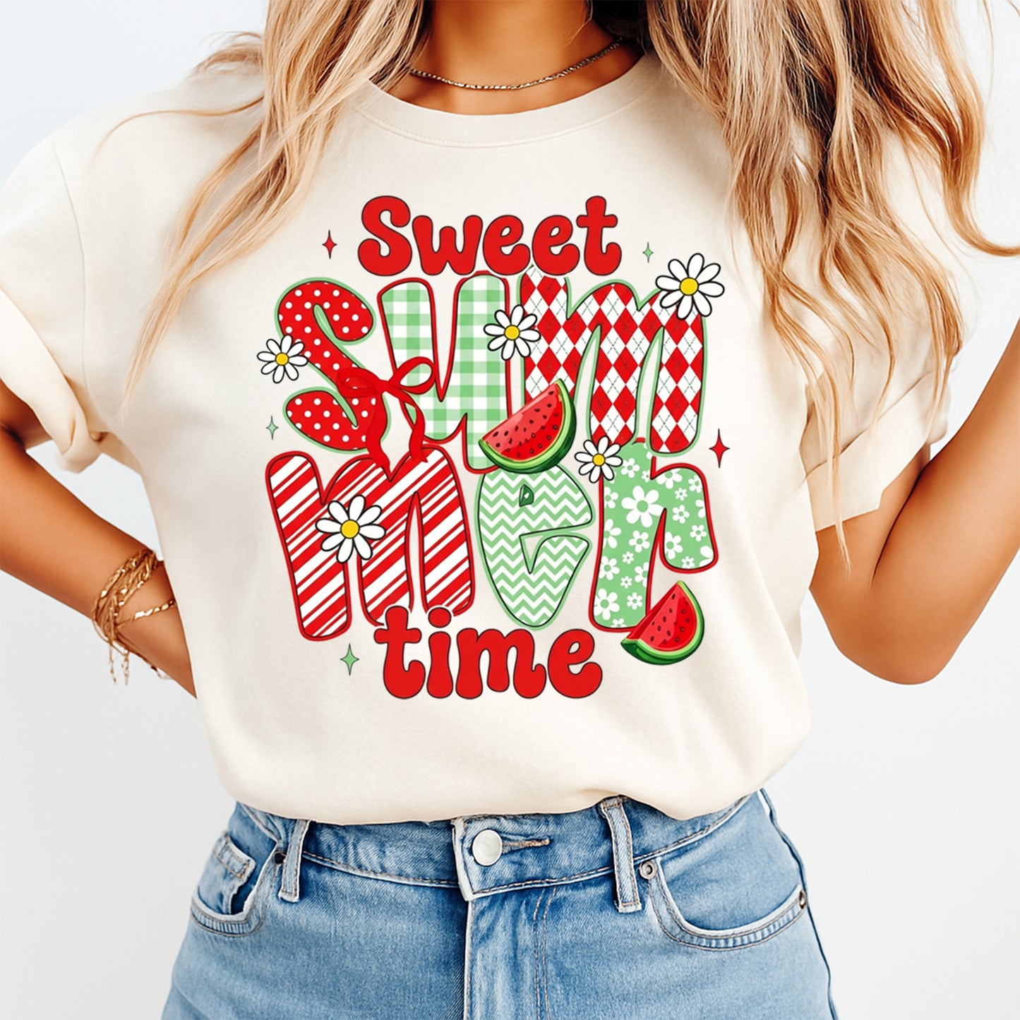 Woman wearing a cream shirt with sweet summer time ready to press dtf graphic featuring watermelon slices daisies and colorful patchwork letters