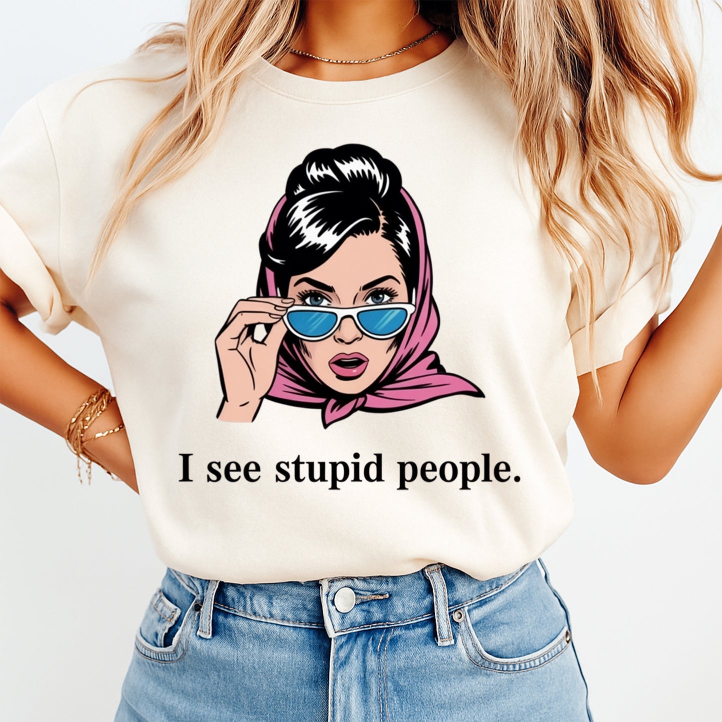 Woman wearing a cream shirt with a funny retro lady ready to press dtf graphic with sunglasses and sarcastic quote