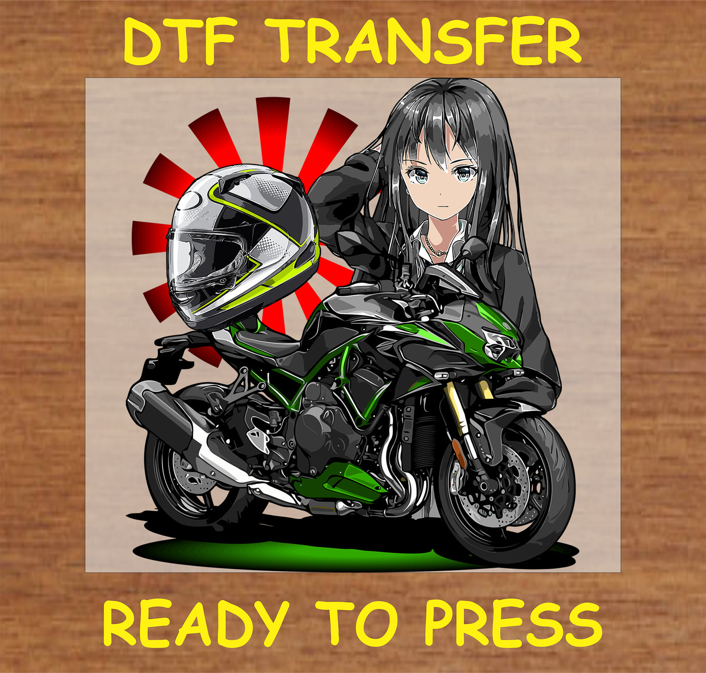 "Anime Girl Biker DTF Transfer with green motorcycle and sunburst design"