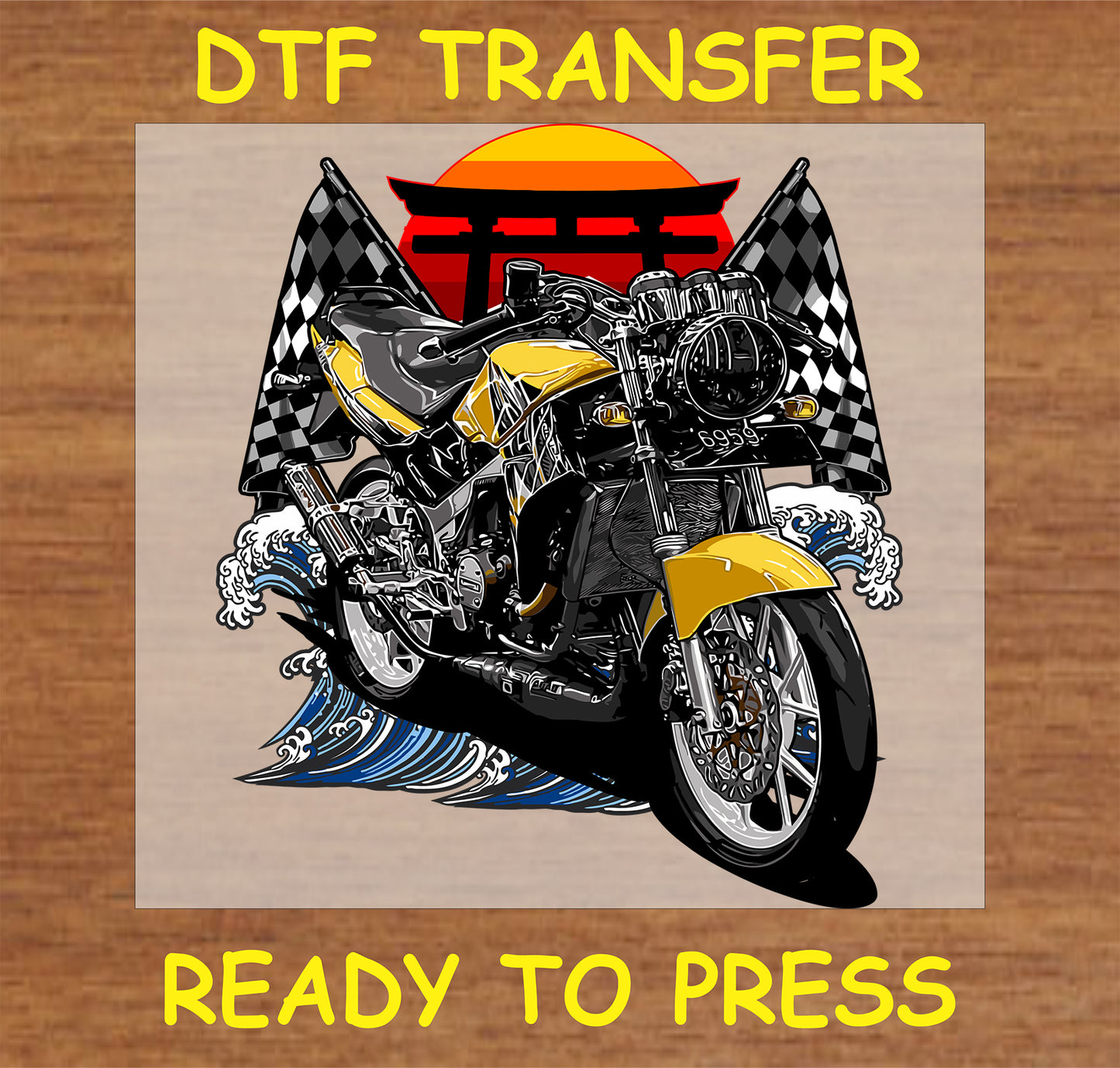 "Sunset motorcycle DTF transfer with Japanese Torii gate, racing flags, and waves"