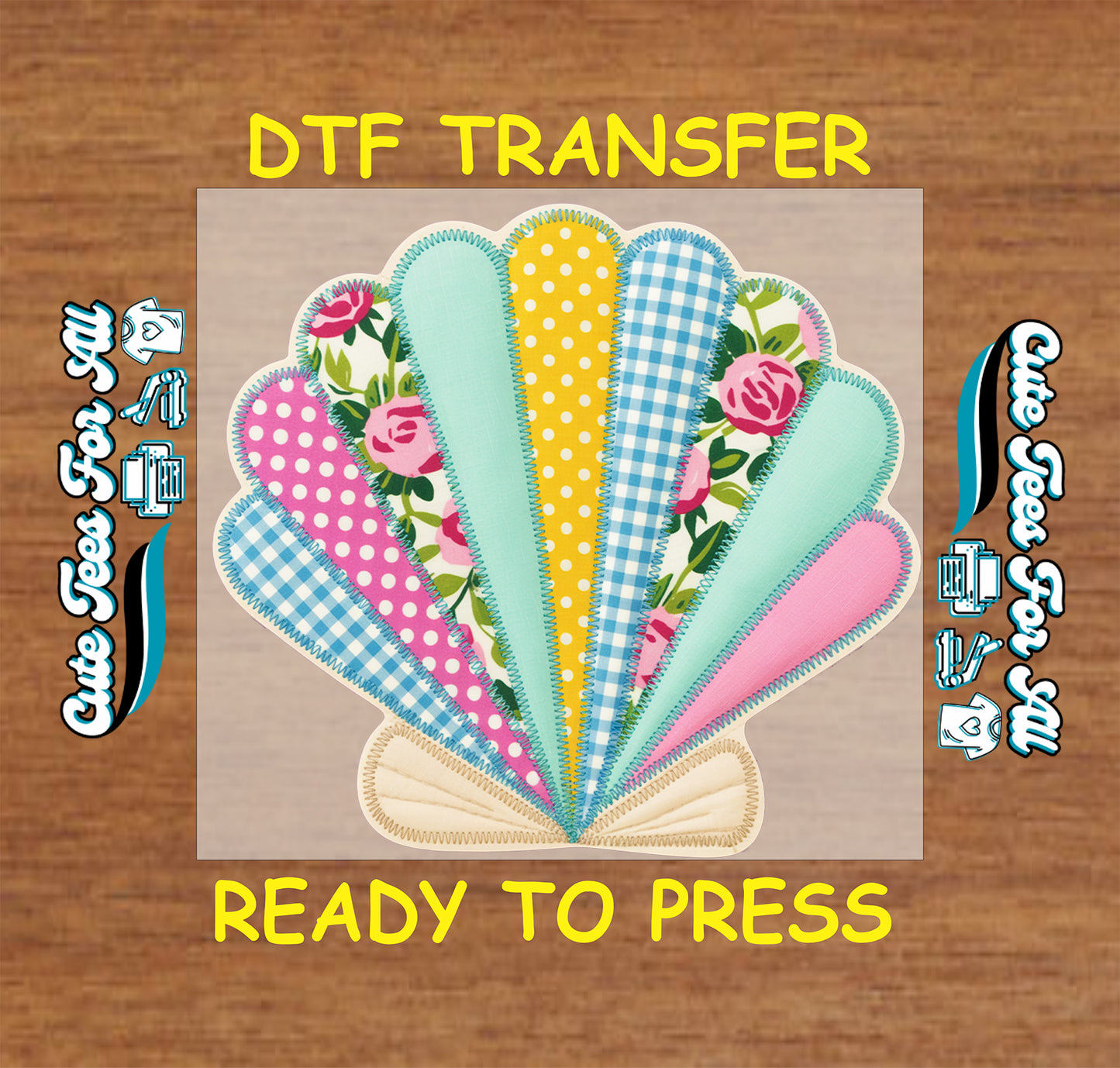 Pastel seashell artwork ready to press dtf with floral prints, aqua blue, pink, yellow, gingham patterns, and beach-inspired details for DIY shirts.